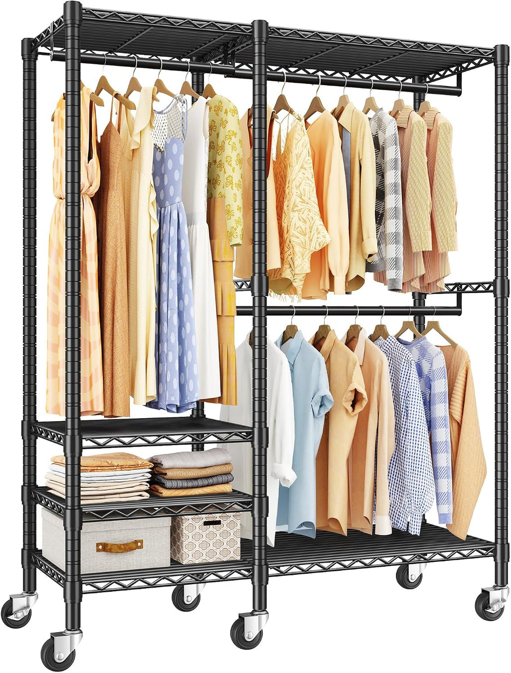Raybee Heavy Duty Clothes Rack, Clothing Racks for Hanging Clothes, Portable Closet with Wheels and 4 Tiers Adjustable Shelves, Rolling Garment Rack for Bedroom, Black