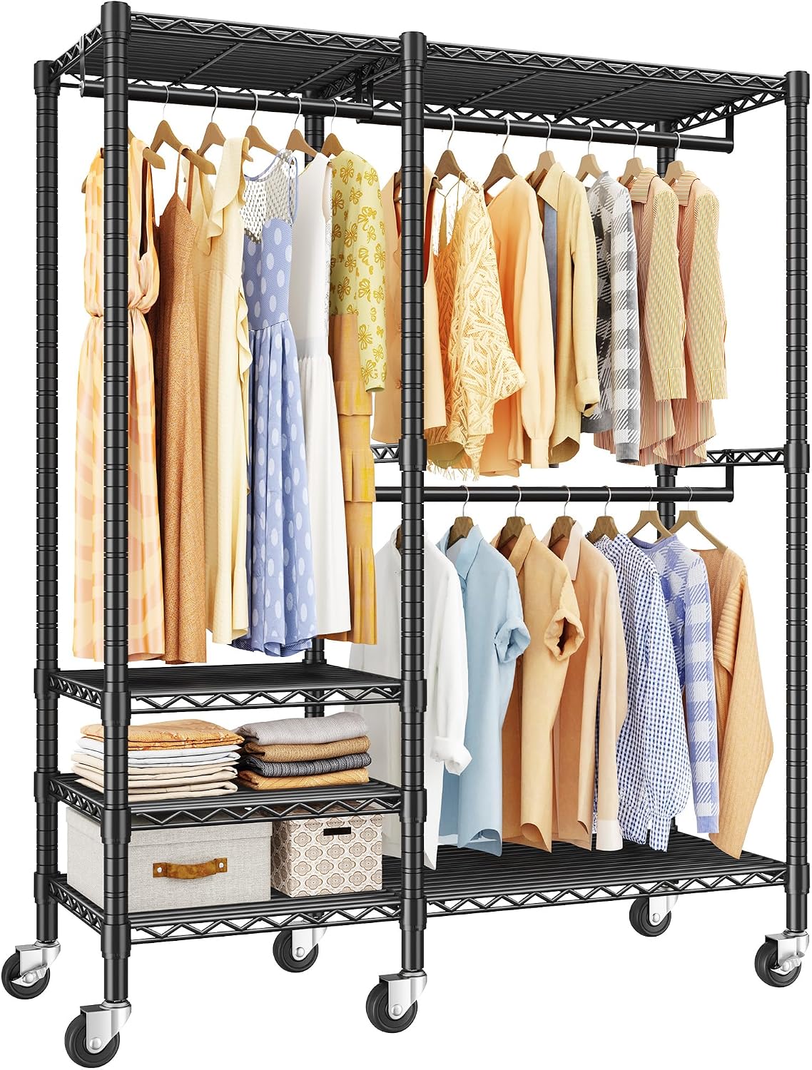 Raybee Heavy Duty Clothes Rack, Clothing Racks for Hanging Clothes, Portable Closet with Wheels and 4 Tiers Adjustable Shelves, Rolling Garment Rack for Bedroom, Black