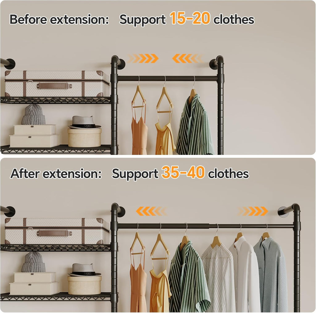 Higeego W4 Industrial Pipe Clothing Rack Wall Mounted Closet System Expandable Clothes Rack for Hanging Clothes, Heavy Duty Garment Rack Adjustable for Walk in Closet, Black