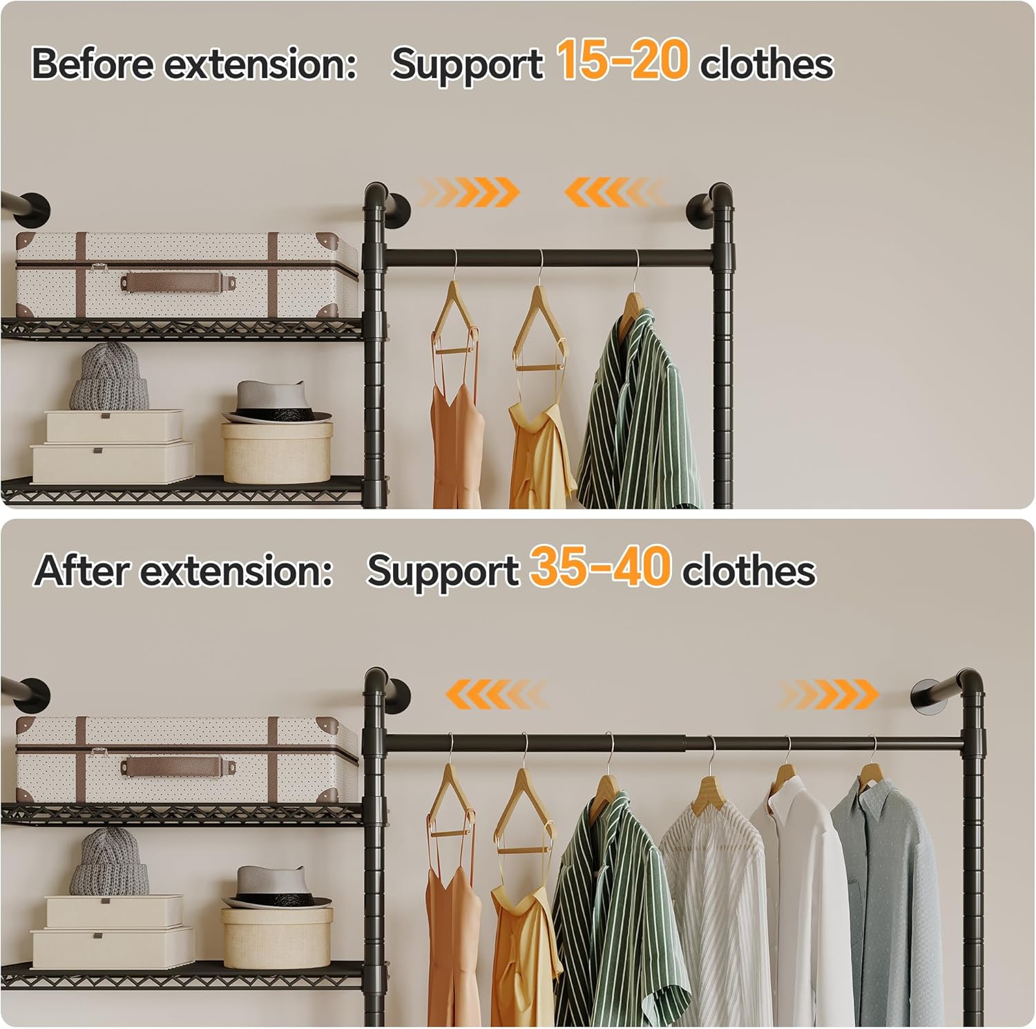 Higeego W4 Industrial Pipe Clothing Rack Wall Mounted Closet System Expandable Clothes Rack for Hanging Clothes, Heavy Duty Garment Rack Adjustable for Walk in Closet, Black