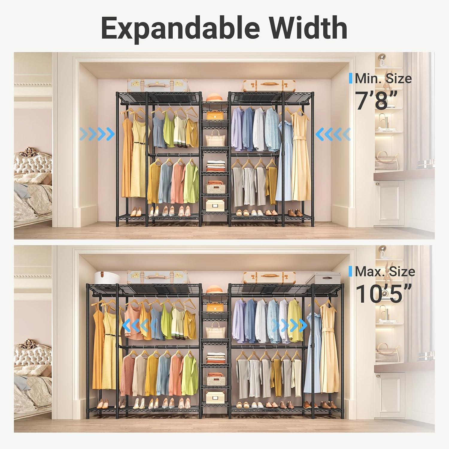 VIPEK X5 Extra Large Expandable Clothes Rack Adjustable from 7'8' to 10'5', Reach-in Closet Metal Clothing Racks Walk-in Freestanding Wardrobe Portable Closets, Black