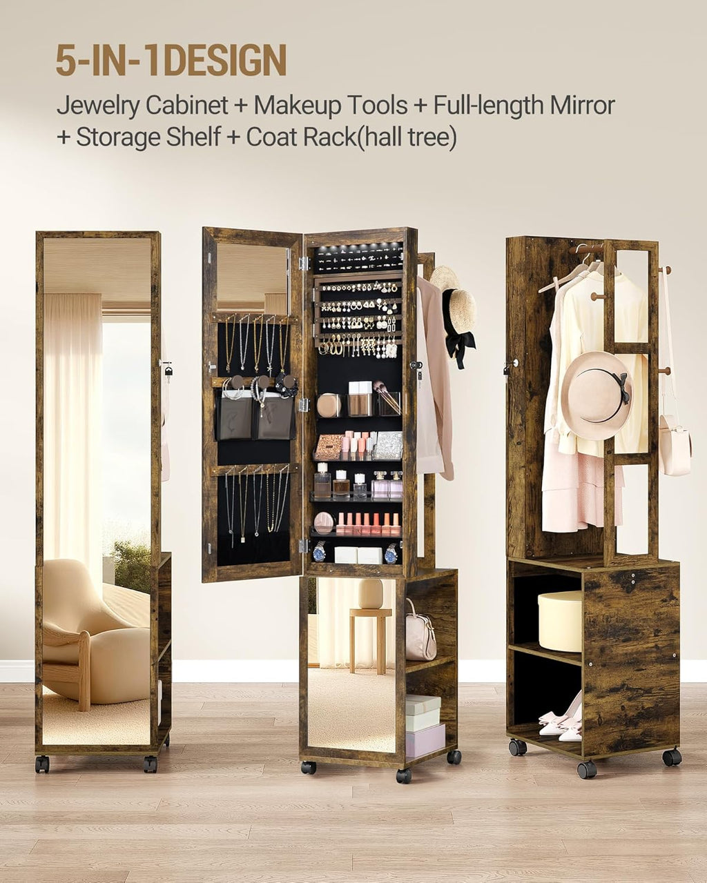Hzuaneri 8 LEDs Jewelry Cabinet Armoire, 66.9-inch Jewelry Organizer with Garment Rack, Lockable Full-length Mirror with 4 Wheels, Storage Shelves with Hooks, 5-in-1, Toasted Oak JC17007B