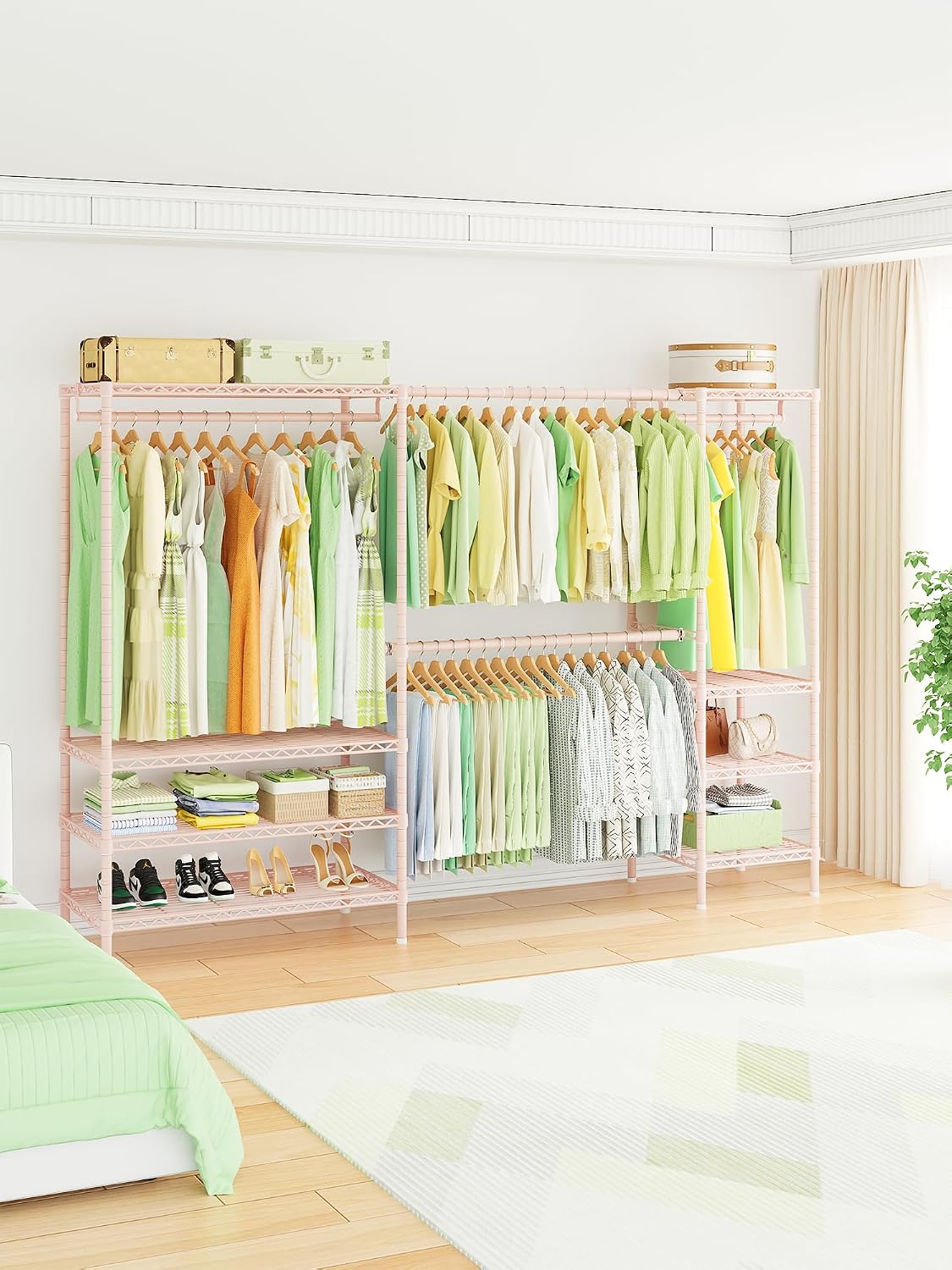 Ulif E11 Heavy-Duty Garment Rack, Metal Freestanding Clothes Rack and Closet Storage Organizer System with 8 Shelves and 4 Hanger Rods, (73.2-97.6)' W x 14.5' D x 71.2' H, Load 1034 LBS, Pink