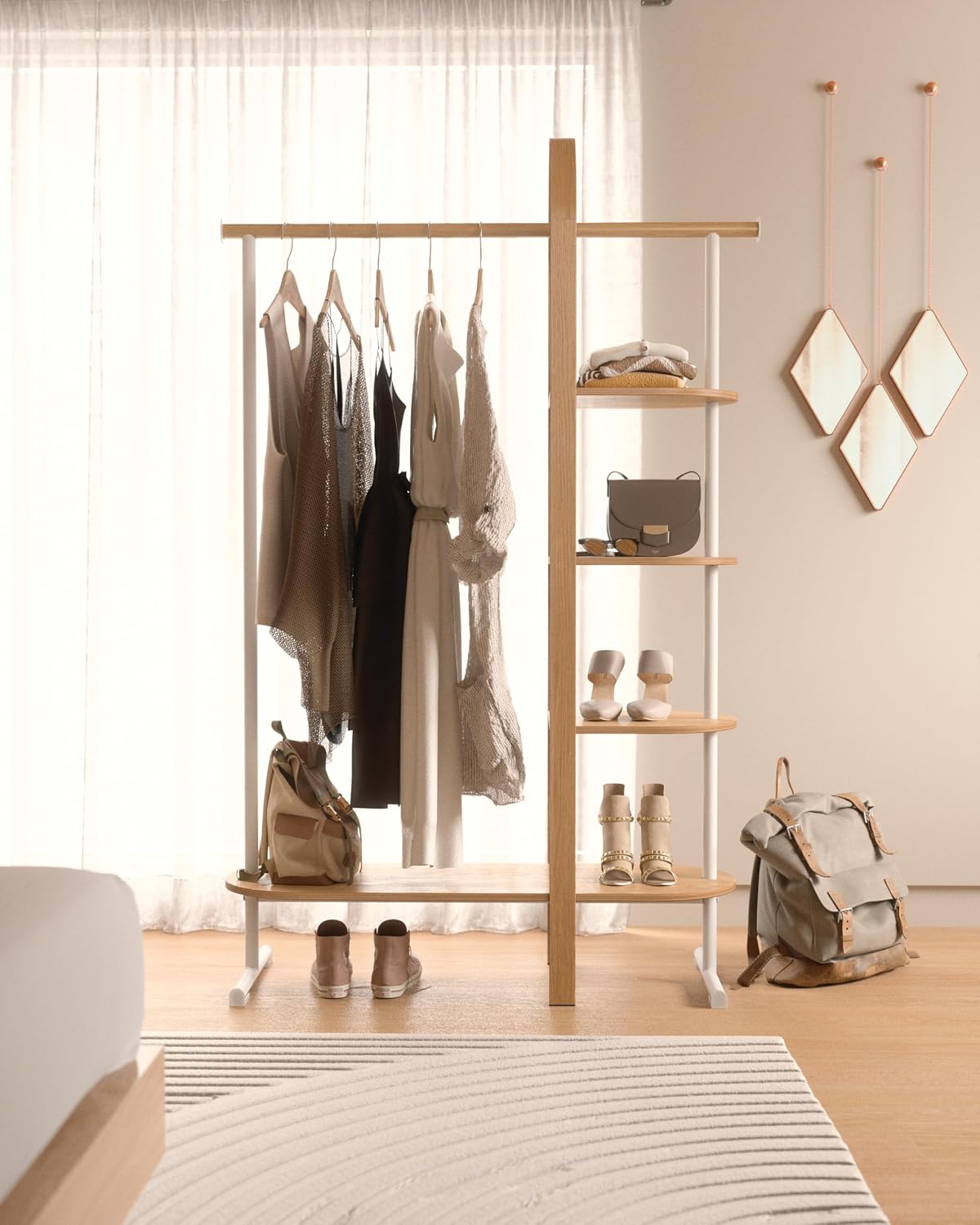 Umbra Bellwood Garment Rack Clothes Stand for Clothing, Coats, Dresses, with Shelf for Shoes and Accessories, White/Natural