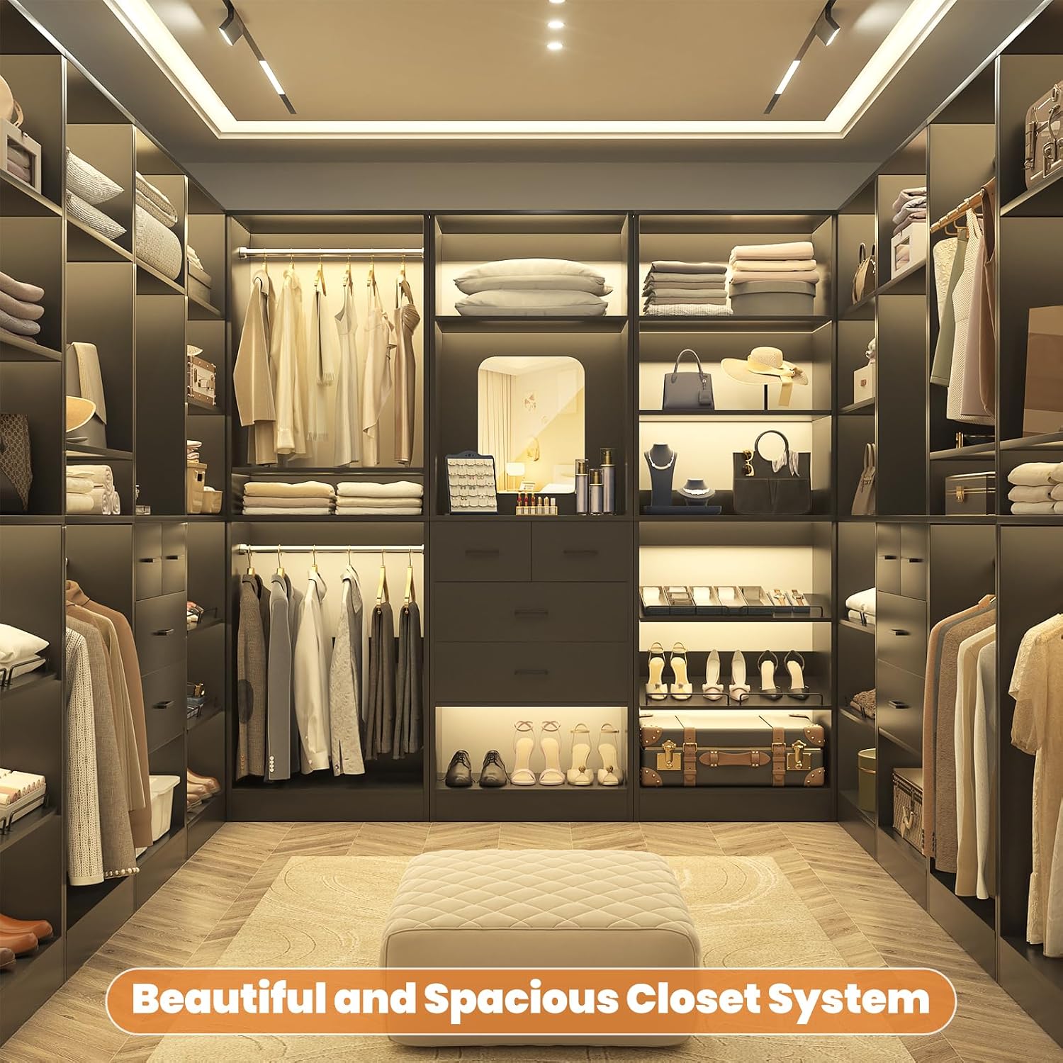Unikito Freestanding Closet System, 25' Closet Organizer Wardrobe with Hanging Rod & Shelves, Adjustable Clothes Garment Rack, Sturdy Walk in Towers, Easy Assembly, 25' W x 16' D x 80' H, Black