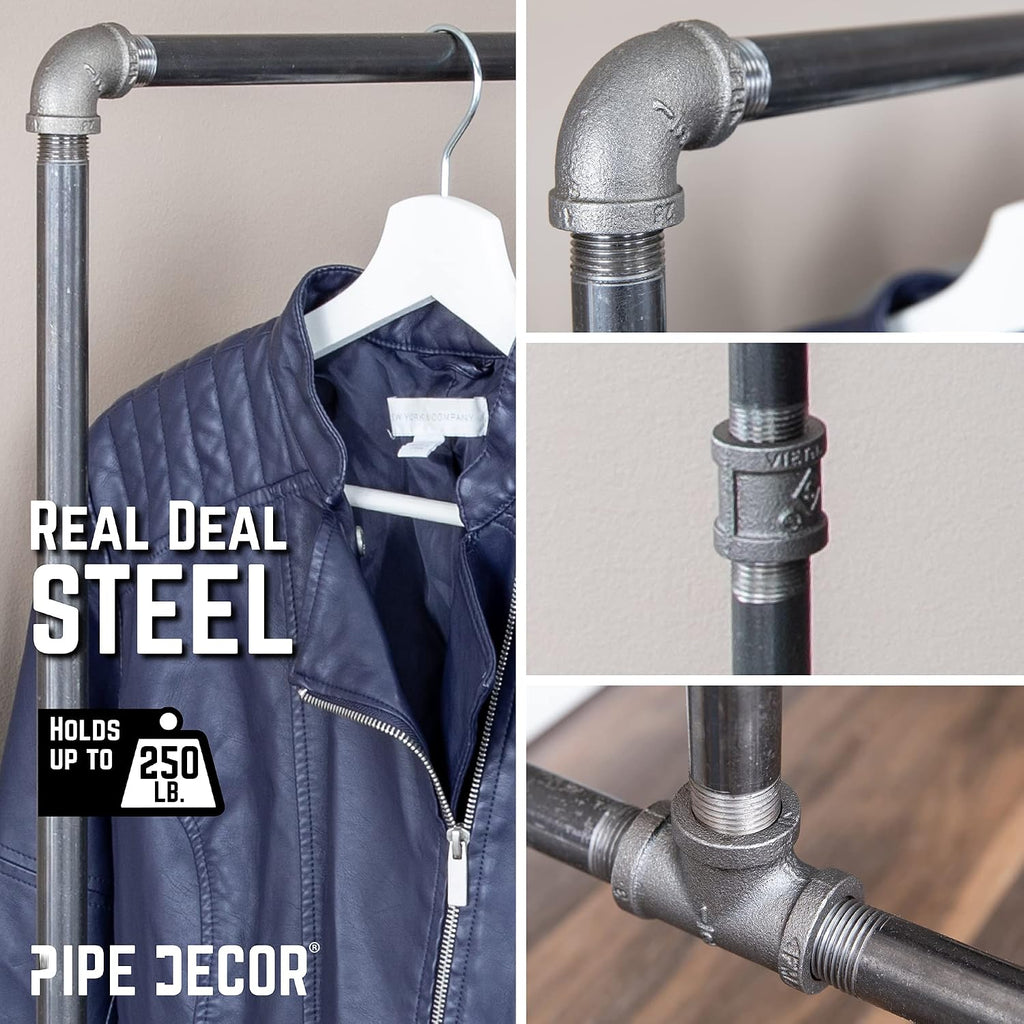 PIPE DECOR 39' x 20 ¼' x 58' Rolling Steel Pipe Clothing Rack, Commercial or Residential Industrial Clothes Display, Heavy Duty Black Steel Metal Wheeled Garment Frame