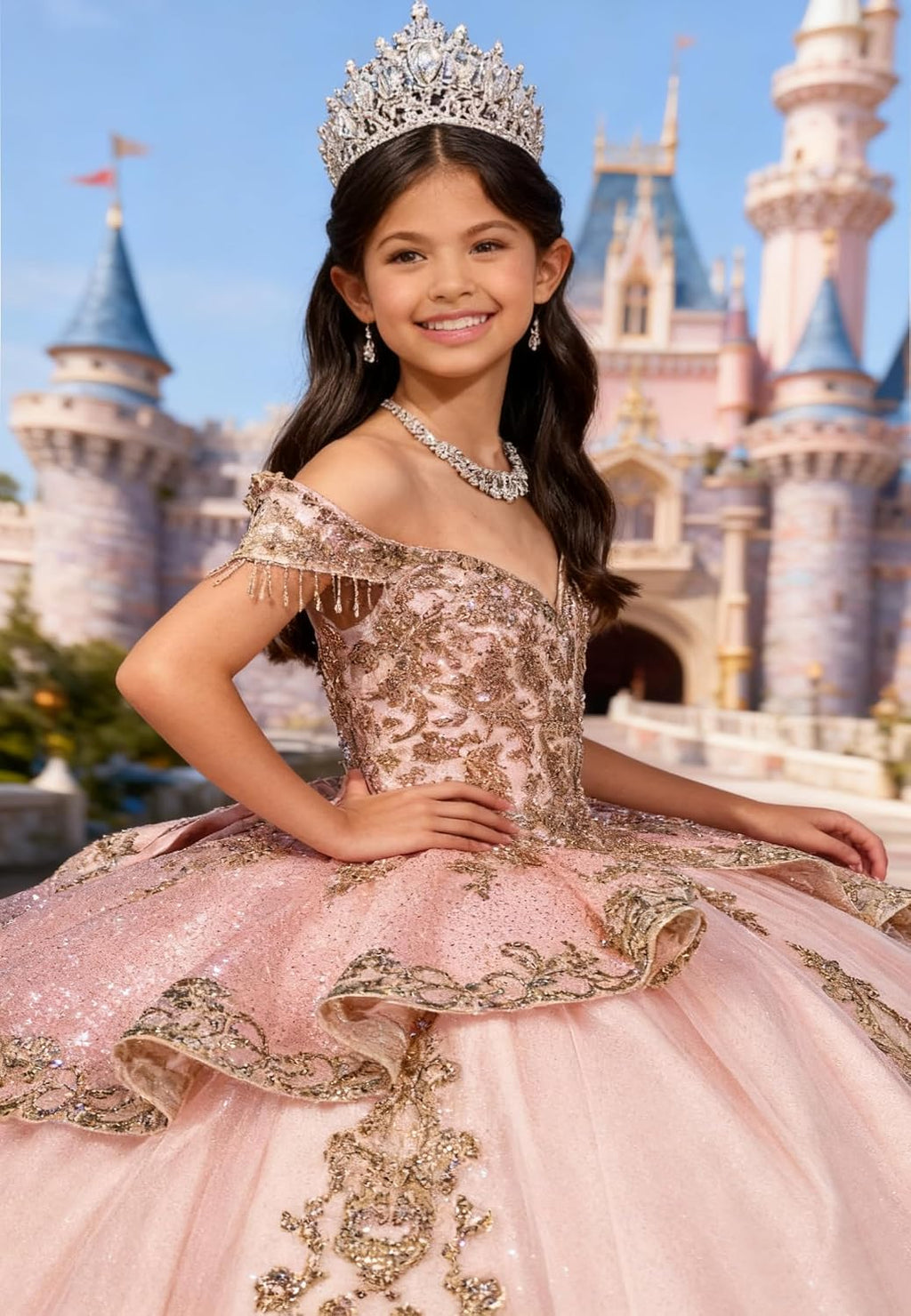 Gold Applique Flower Girl Dress with Tassels Crystal Girls Ball Gown Dresses Off Shoulder Girls Pageant Dress with Bow