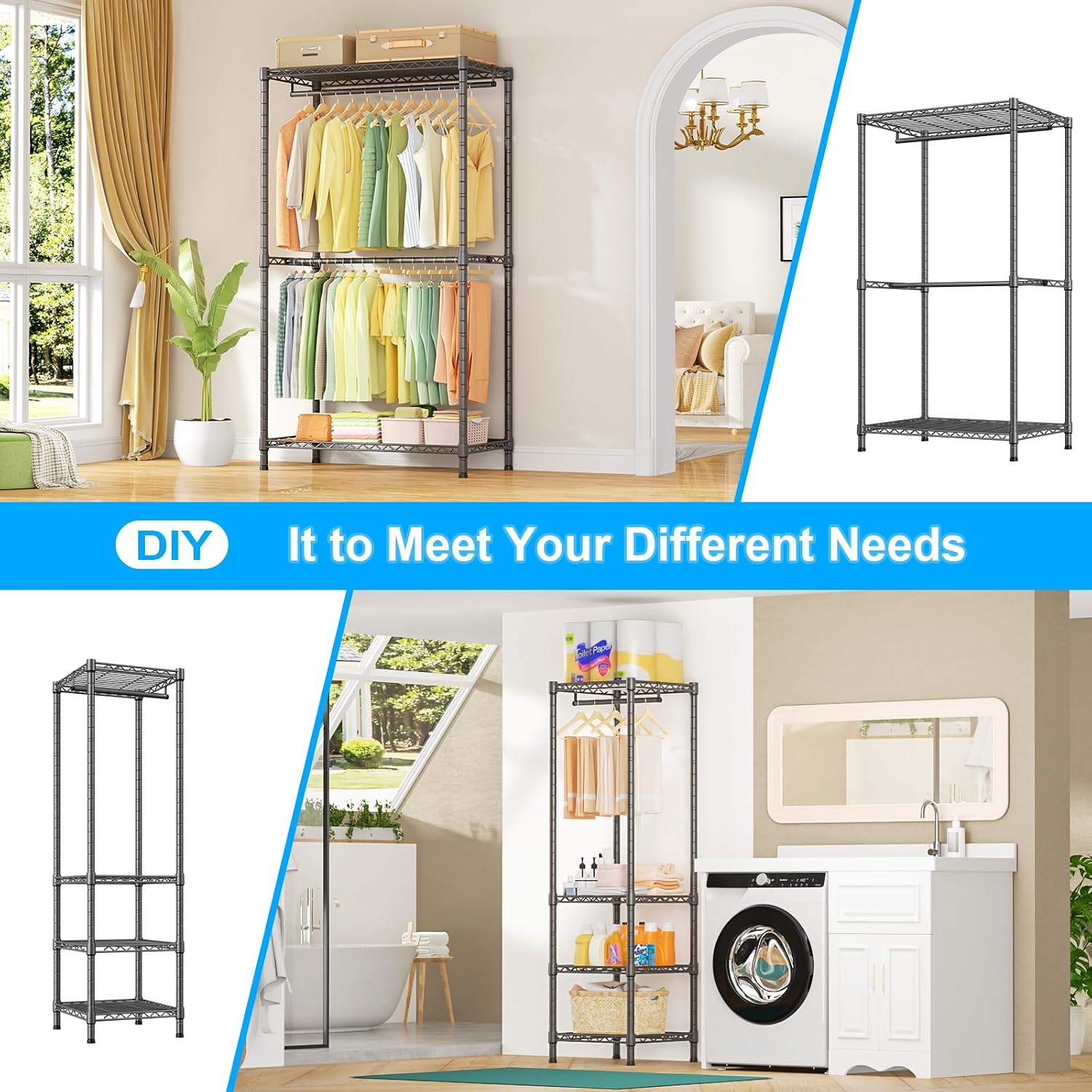 Ulif E10 Clothes Rack（With Stretchable Hanger Rod）Freestanding Clothing Racks for Hanging Clothes，Adjustable Closet Organizer System，Portable Garment Rack 73-97' W x 15' D x 72' H，Max Load 800LBS，Grey