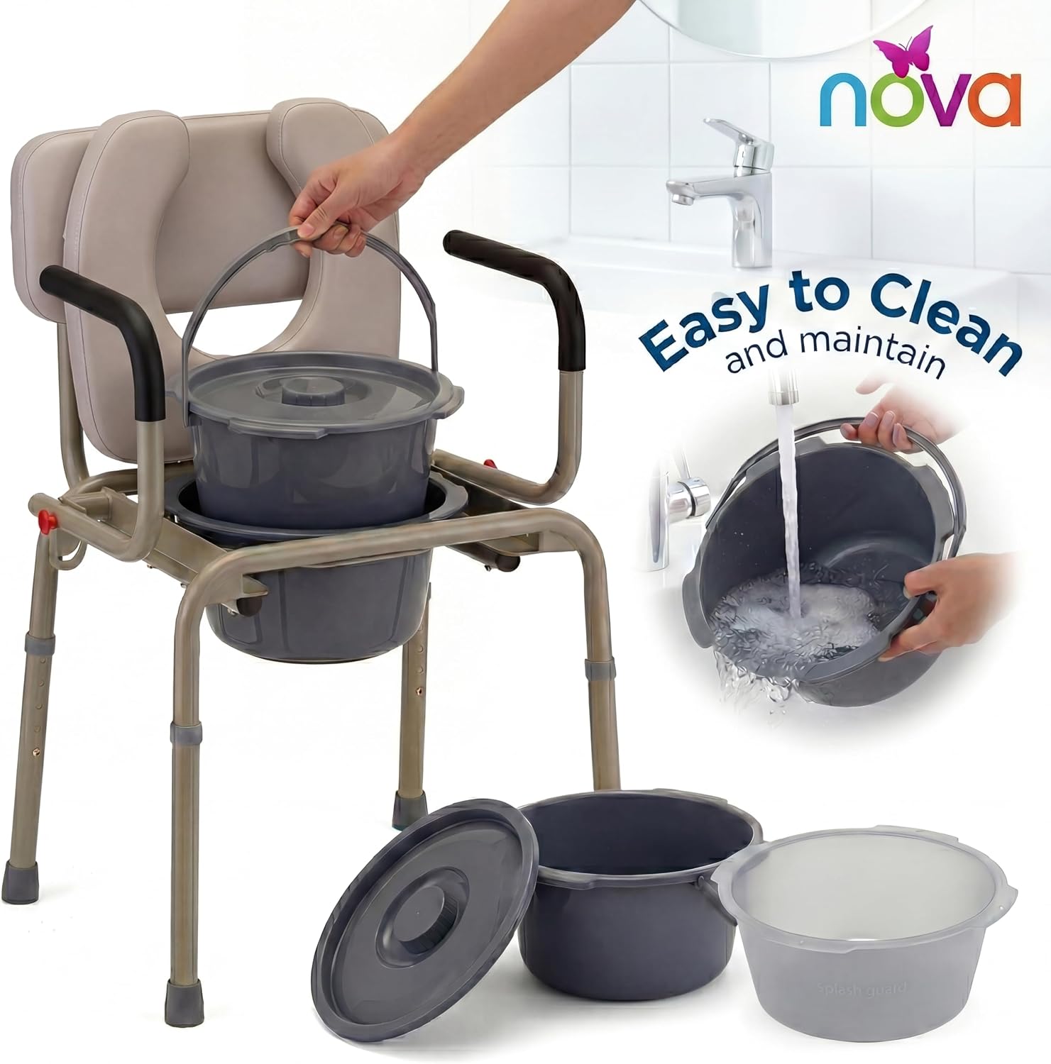NOVA Medical Products Drop Arm Commode with Padded Seat and Back, Drop Down Arms for Easy Transfer, Stand Alone Bed Side Commode and Over The Toilet Commode, Comes with Bucket, Lid and Slash Guard Gray 1 Count