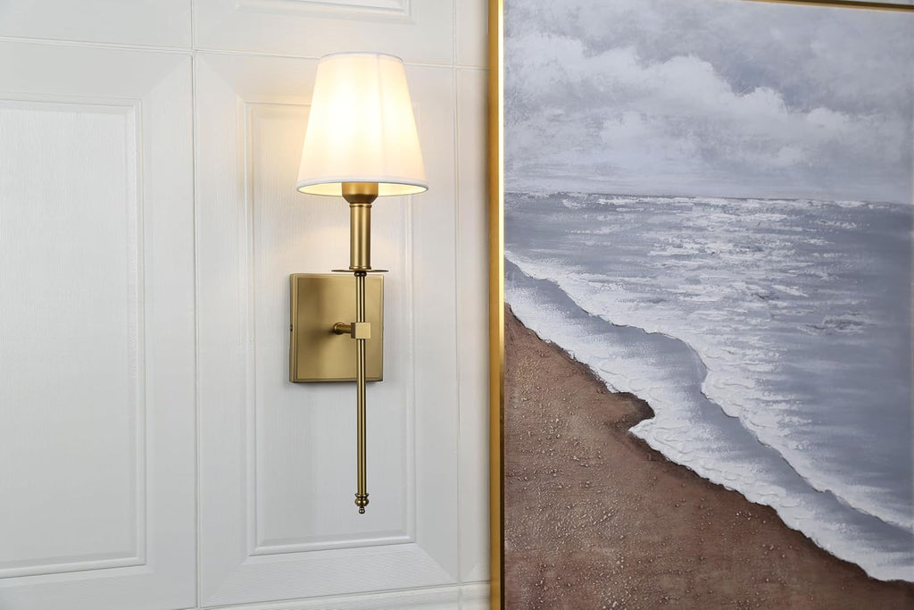 PERMO Set of 2 Classic Rustic Industrial Wall Sconce Lighting Fixture with Flared White Textile Lamp Shade and Antique Brass Tapered Column Stand, Hardwired, E26 Base