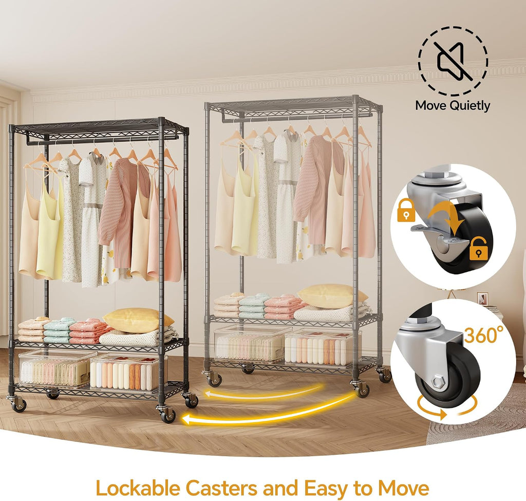 Higeego H4 Heavy Duty Clothes Rack with Cover, Rolling Garment Rack on Wheels, Portable Closet for Hanging Clothes, Black Clothing Rack with Grey Cover, Max Load 380LBS