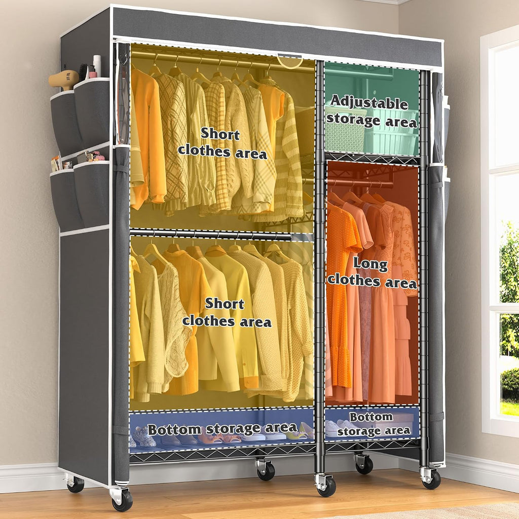 Raybee Rolling Clothes Rack with Cover, Clothing Racks for Hanging Clothes, Heavy Duty Portable Closet with Wheels, Garment Rack for Bedroom, Quick Assembly, Black