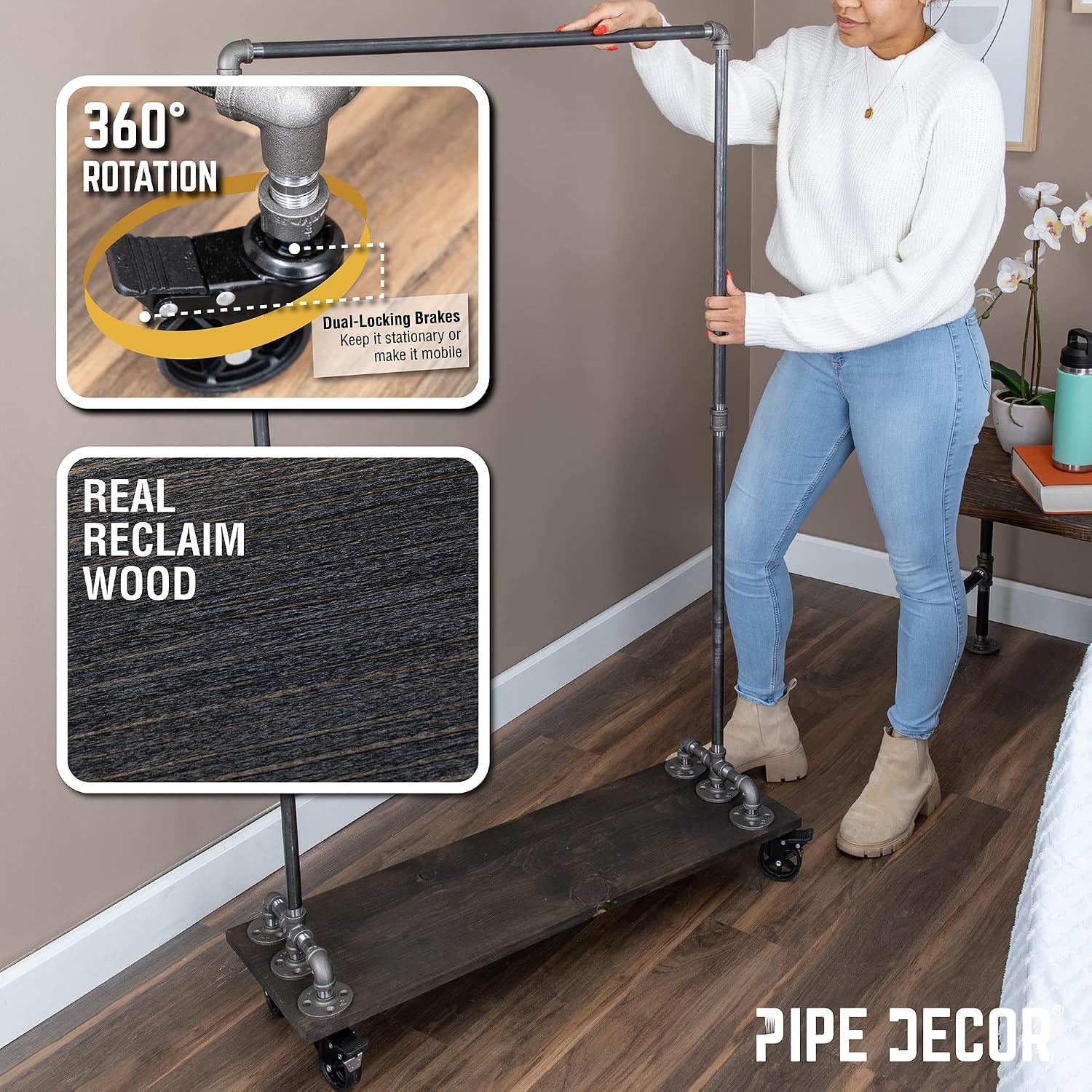 PIPE DECOR 36' x 11 ½' x 59 ½' Rolling Steel Pipe Clothing Rack with Wood Shelf, Commercial or Residential Industrial Clothes Display, Heavy Duty Black Steel Metal Wheeled Garment Frame