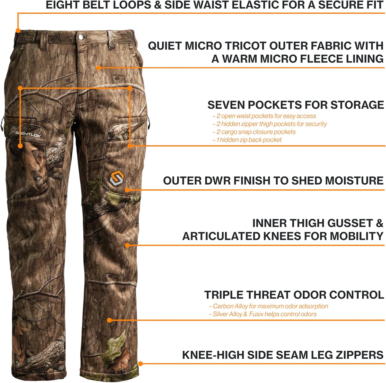 ScentLok Ridge Midweight Hunting Pants for Men – Odor Control, Water-Repellent, Fleece-Lined, Silent Fabric, 7-Pockets