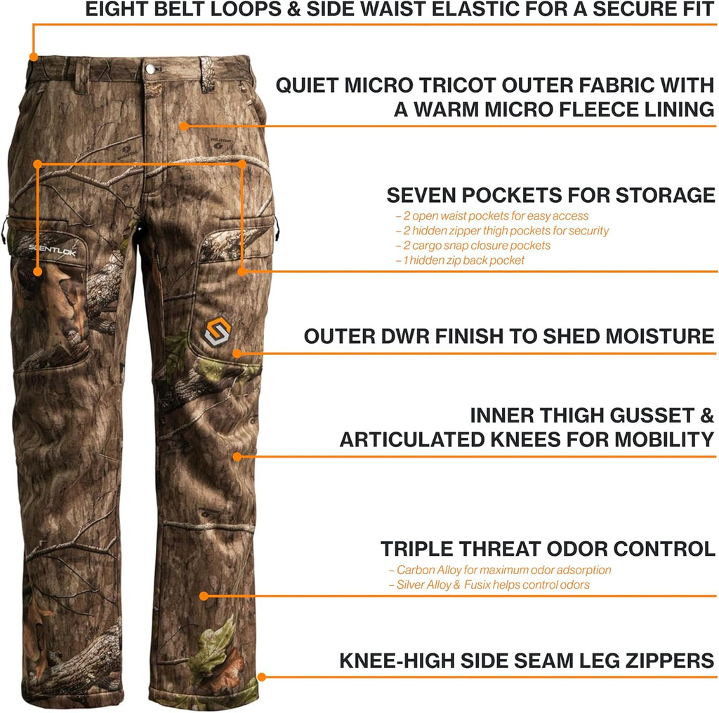 ScentLok Ridge Midweight Hunting Pants for Men – Odor Control, Water-Repellent, Fleece-Lined, Silent Fabric, 7-Pockets