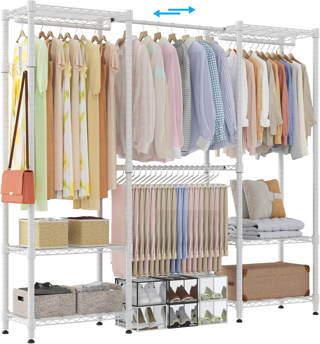 Homdox Heavy Duty Garment Rack with Extendable Hanging Rods, Adjustable Metal Clothing Rack for Hanging Clothes, Freestanding Closet Wardrobe Clothes Rack with Wire Storage Shelves, White