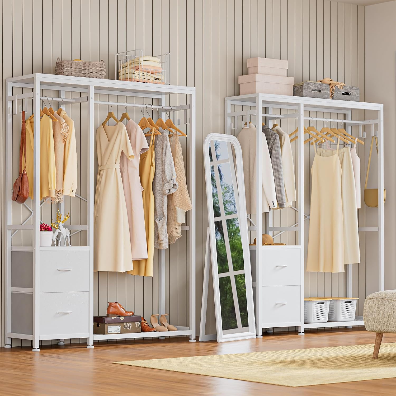 Lulive Clothes Rack with 2 Rods, Shelves, Drawers & Hooks, Garment Rack | Clothes rack with 2 hanging rods (50lbs each), 2 shelves, 2 fabric drawers & 4 hooks. 300lb total capacity. Fits small spaces