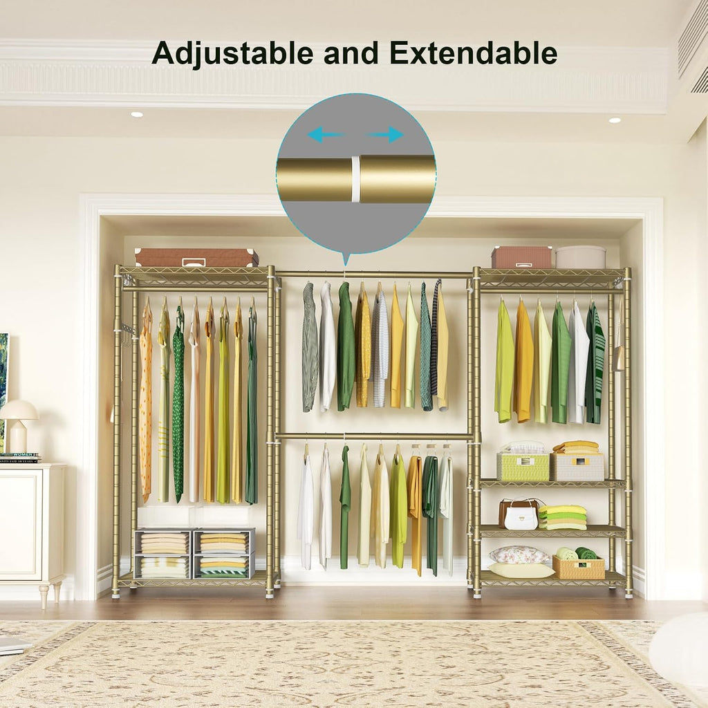 Ulif E1 Heavy Duty Closet Garment Rack, 6 Tiers Adjustable Metal Freestanding Expandable Clothing Storage with 4 Hanger Rods, Easy to Assemble Wardrobe, 71.4' H x (70' - 88.2') L x 14' D, Gold