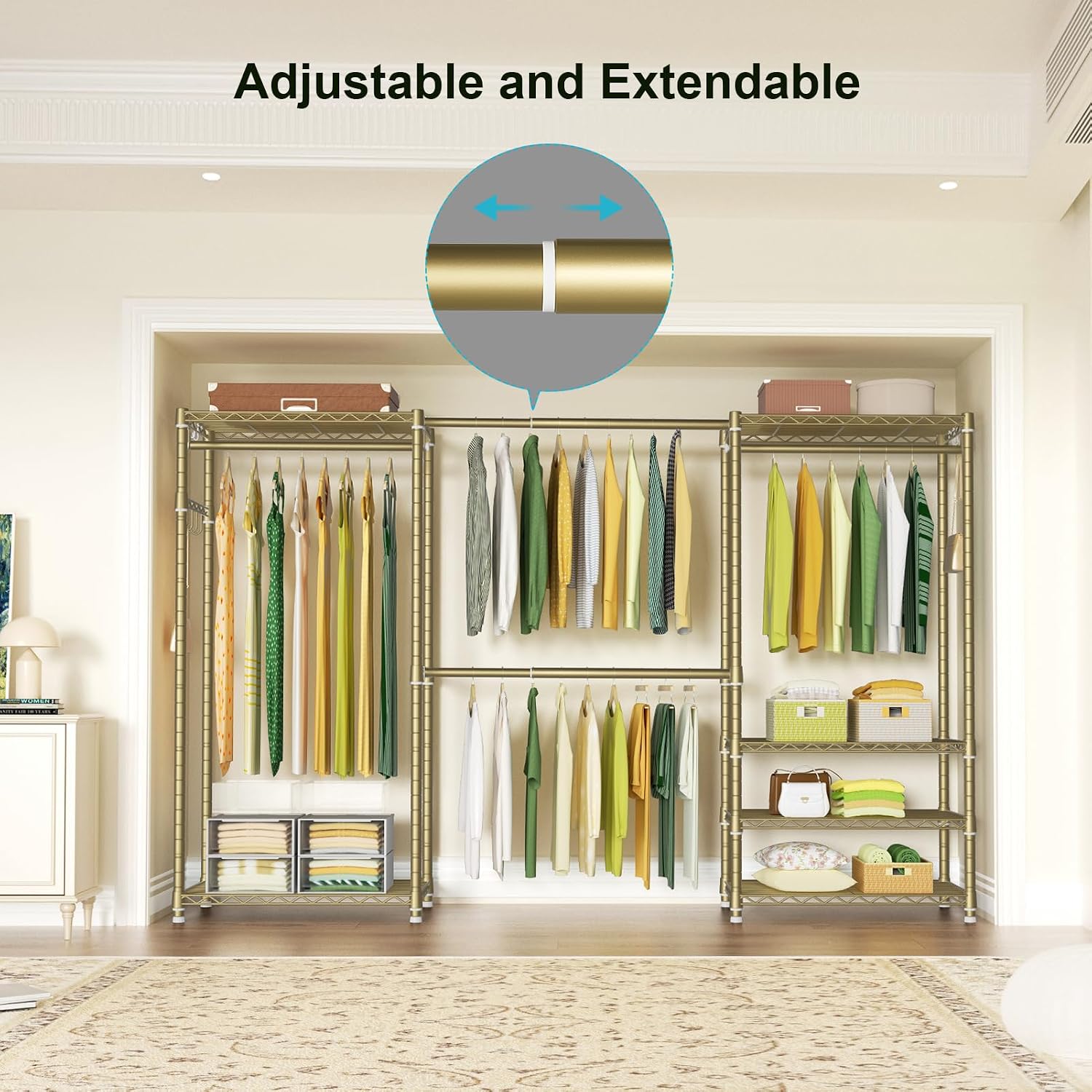 Ulif E1 Heavy Duty Closet Garment Rack, 6 Tiers Adjustable Metal Freestanding Expandable Clothing Storage with 4 Hanger Rods, Easy to Assemble Wardrobe, 71.4' H x (70' - 88.2') L x 14' D, Gold