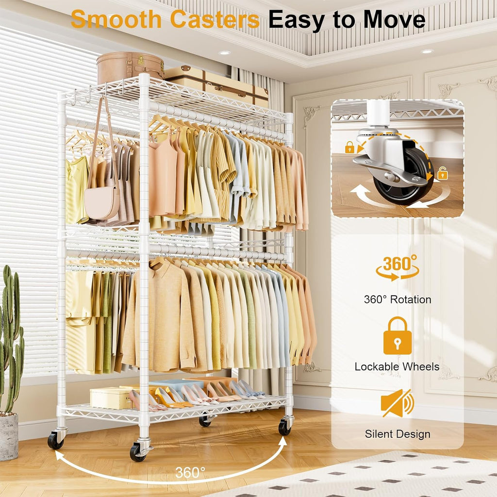 ULIFHOME P4 Plus Rolling Clothes Rack Heavy Duty, Clothing Racks for Hanging Clothes, Free Standing Garment Racks with Wheels, Portable Closet Rack 45''W × 20.5''D × 80.5''H, Max Load 570 Lbs, White