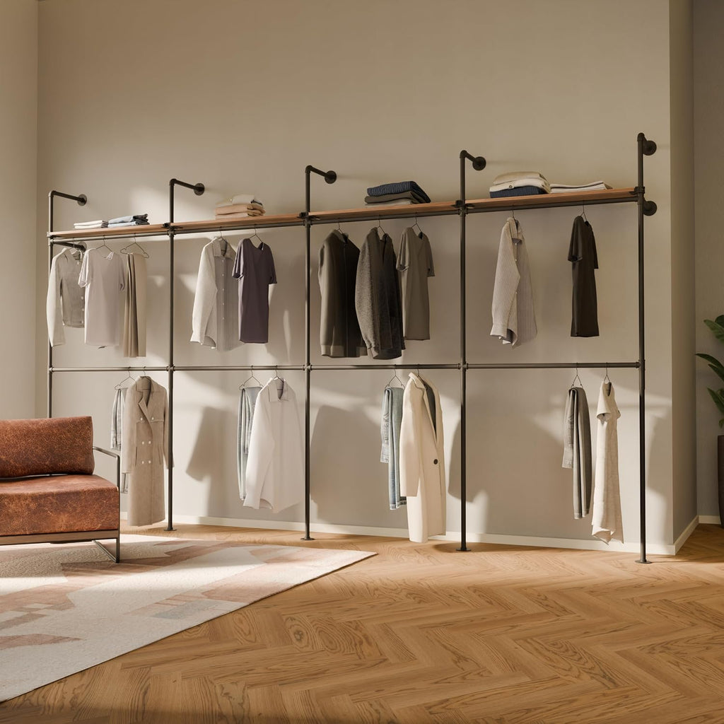 pamo Industrial Pipe Clothing Rack with Shelf – Wall Mounted Closet System, Black Powder-Coated Steel, Oak Boards – Walk-In Closet Organizer & Retail Clothing Rack