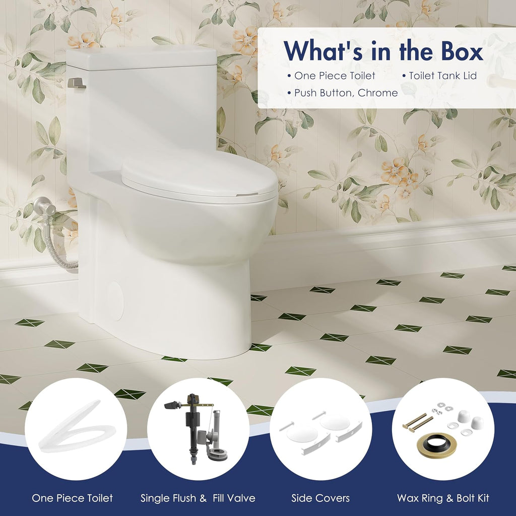 Eridanus One Piece Toilets for Bathroom, Elongated Toilet with Compact Soft Closing Seat, ADA Compliant 17' Toilet Bowl, 12' Rough in, Left Handle Powerful Flush 1.28GPF, Modern Ceramic Model 321S