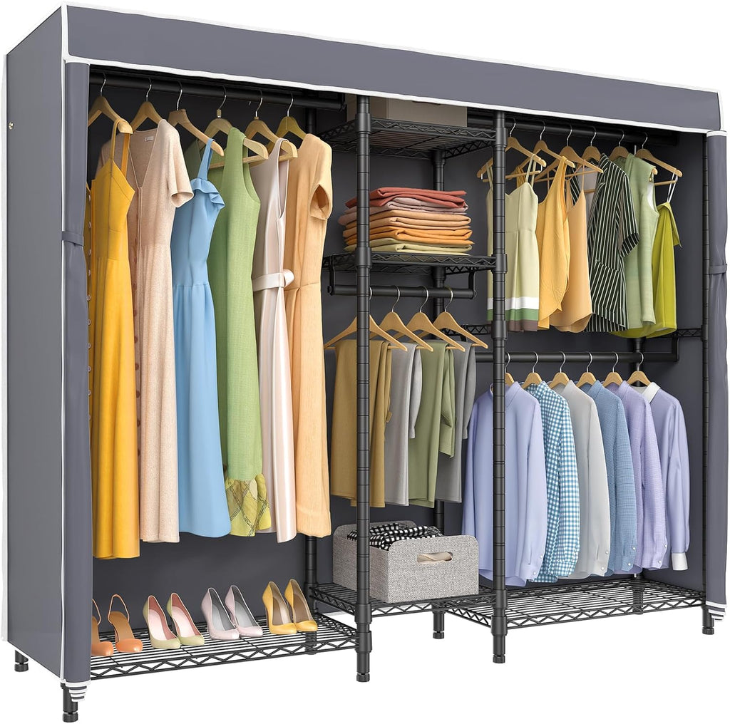 VIPEK Classic V6C Heavy Duty Covered Clothes Rack Portable Wardrobe Closet, 5 Tiers Wire Garment Rack Black Metal Clothing Rack with Grey Oxford Cover, 70.1' L x 17.3' W x 76.4' H, Max Load 870 LBS