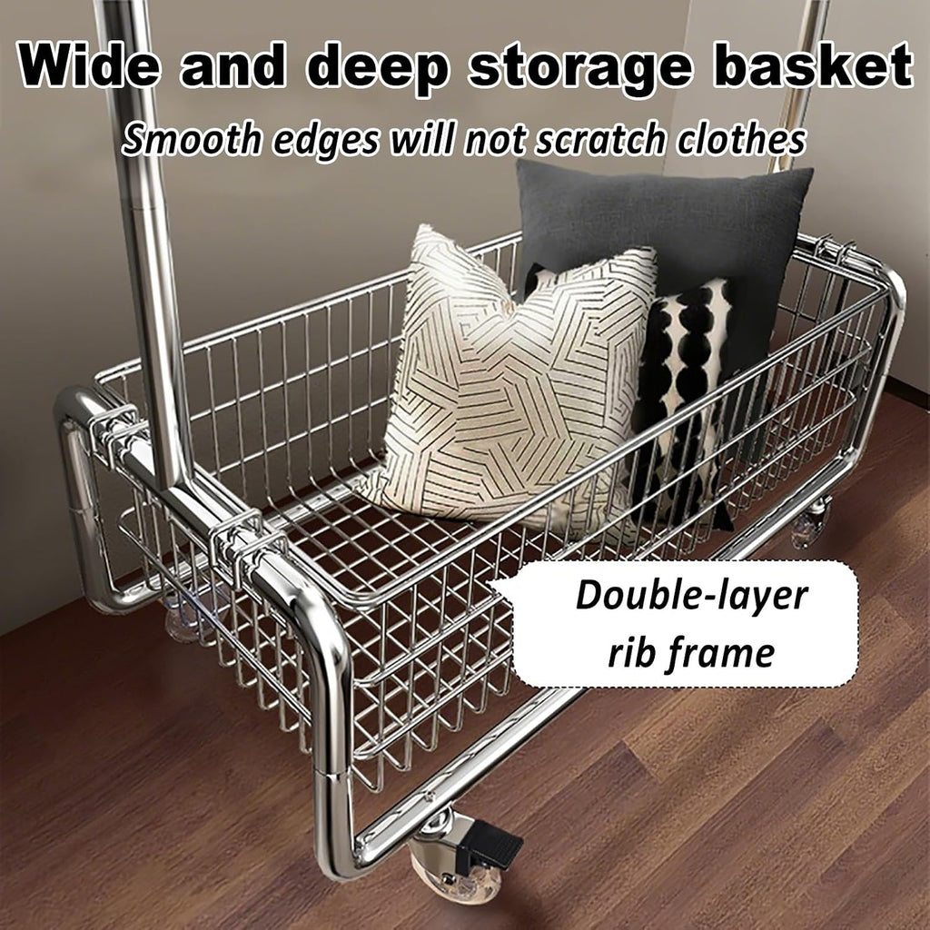 Rolling Garment Rack With Wheels, Clothing Racks, Heavy Duty Clothes Rack With Storage Basket, Portable Clothes Organizer, For Bedroom Entry Hall(98cm/38.6in)