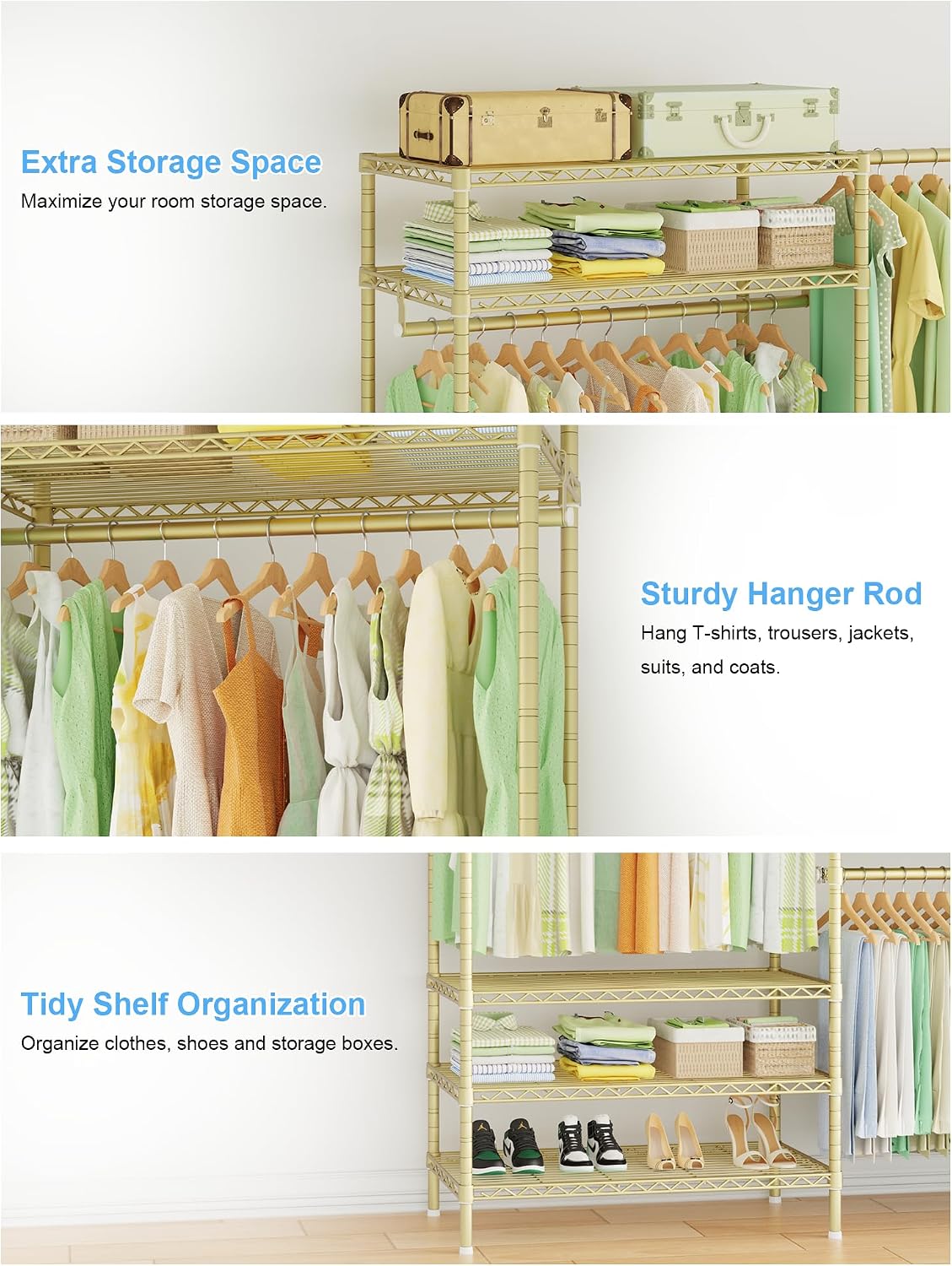 Ulif E11 Heavy-Duty Garment Rack, Metal Freestanding Clothes Rack and Closet Storage Organizer System with 8 Shelves and 4 Hanger Rods, (73.2-97.6)' W x 14.5' D x 71.2' H, Load 1034 LBS, Gold