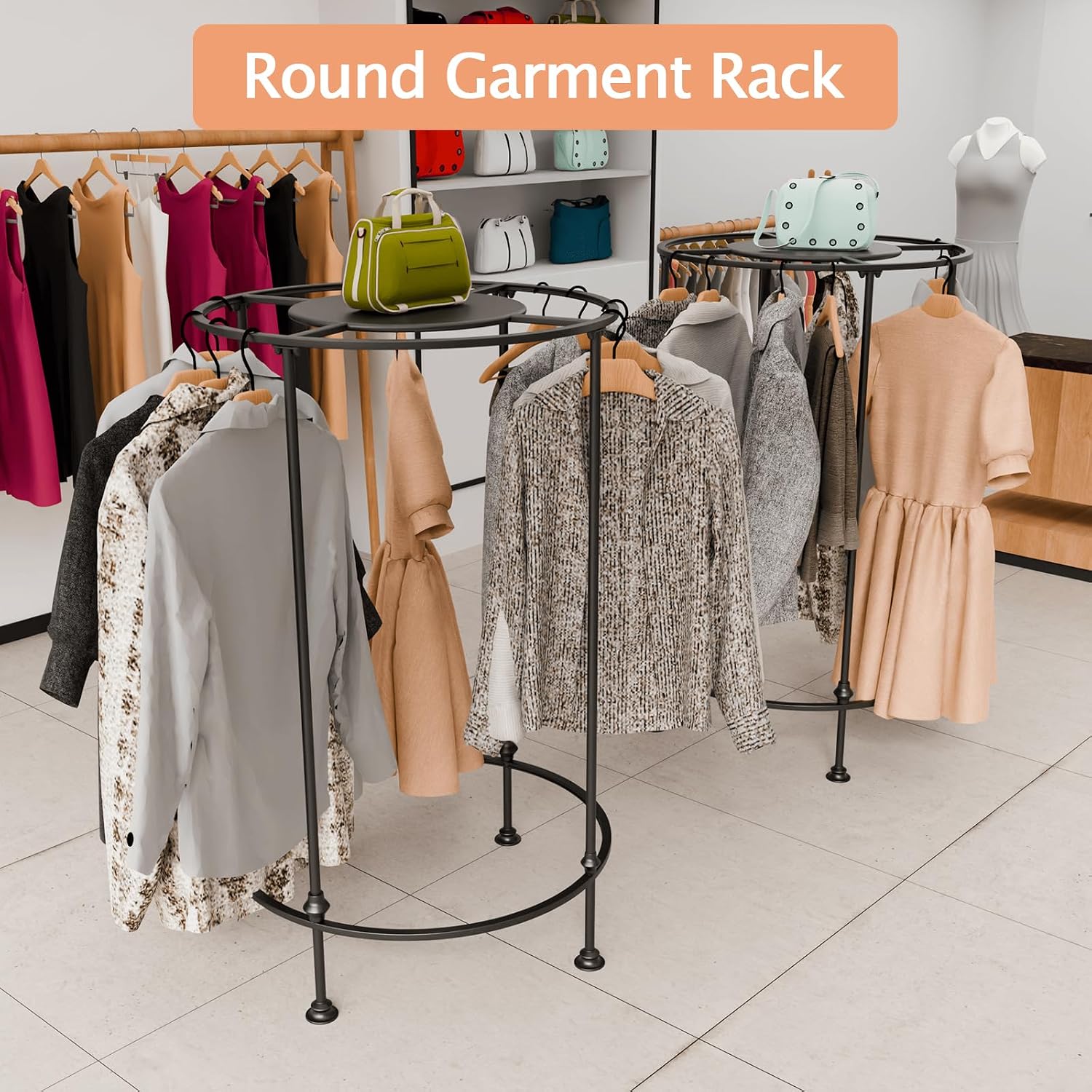 Round Garment Rack,Freestanding Round Clothing Rack,Iron Clothes Hanging Rack with Topper,Metal Clothing Rack for Shopping Malls Retail Boutique Display Laundry Rooms Bedroom (Black)