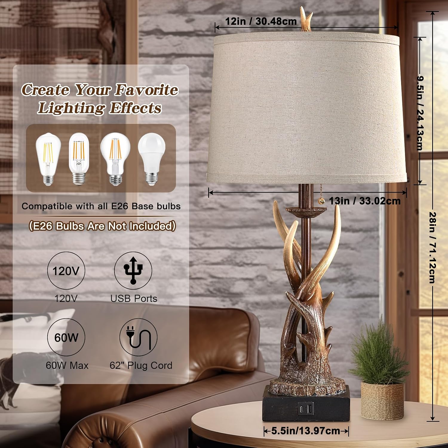 Rustic Antler Table Lamps Set of 2 with USB A+C Ports for Bedroom Farmhouse Deer Bedside Lamps with Linen Lampshade for Living Room End Table Hunting Themed Cabin Lamp Pull Chain