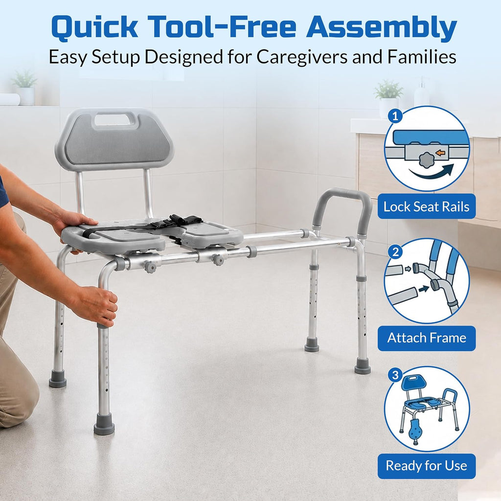 Platinum Health Sliding Shower Chair HydroGlyde Premium Heavy Duty, Padded Bathtub Transfer Bench with Cut Out Seat, for Bath Tub, Adjustable Legs, and Safety Belt, Quick Tool-Less Assembly, Gray