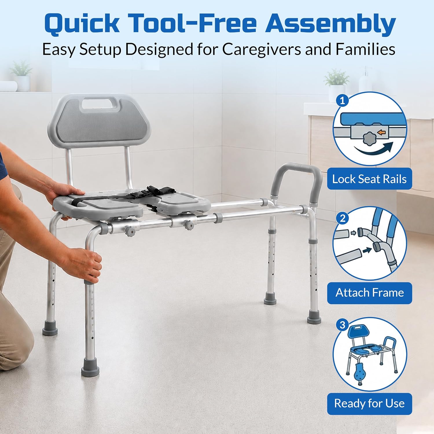 Platinum Health Sliding Shower Chair HydroGlyde Premium Heavy Duty, Padded Bathtub Transfer Bench with Cut Out Seat, for Bath Tub, Adjustable Legs, and Safety Belt, Quick Tool-Less Assembly, Gray