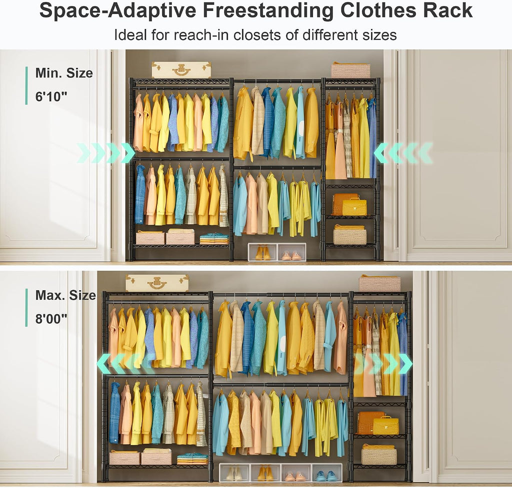 SEMHOR E01 Expandable Heavy Duty Clothes Rack, Free Standing Closet System Organizer, Adjustable Portable Carbon Steel Garment & Clothing Racks for Hanging Clothes (72.5-96'), 800LBS Max Load, Black