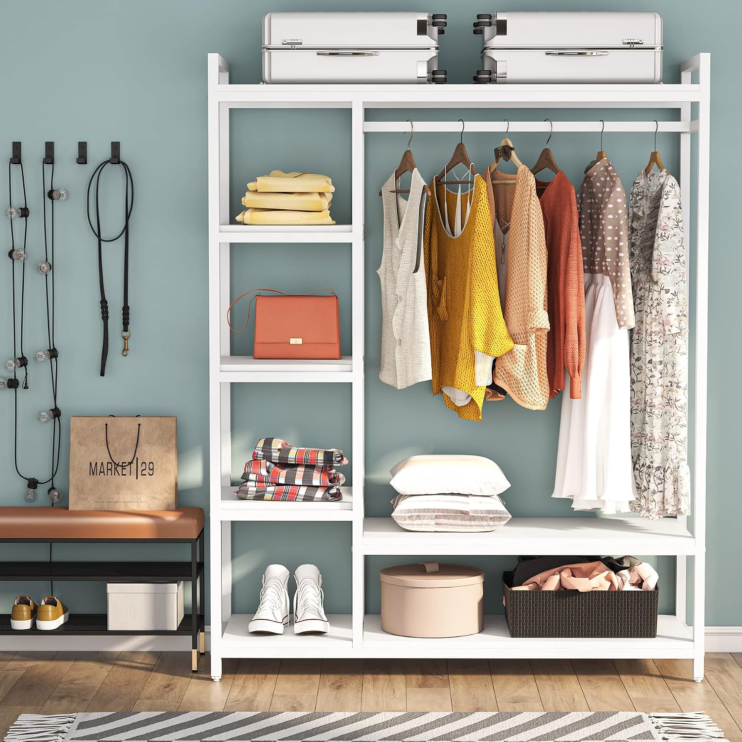 LITTLE TREE Free Standing Wood Closet Clothes Rack,Heavy Duty Grament Rack with Shelves,Hanging Racks for Clothes Clothing Rack for Bedrom,Wardrobe Closet Organizer,350 lb Capacity