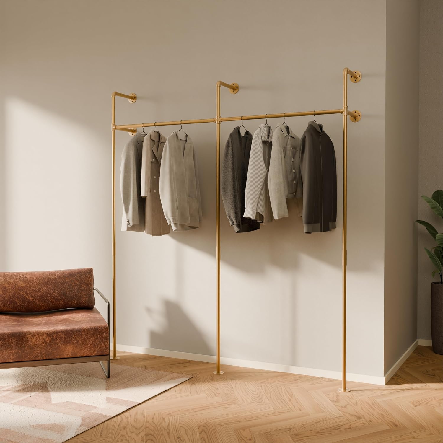 pamo Gold Clothing Rack Wall Mounted – Pipe Closet System in Gold Powder-Coated Steel – 79' W × 87' H, 530 lbs – Boutique, Walk-In Closet & Retail