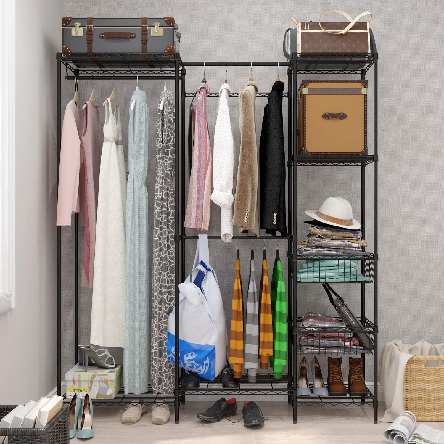 Xiofio 6 Tiers Heavy Duty Garment Rack,Metal Clothing Rack,Clothing Storage Rack,Closet Organizer System Freestanding & Adjustable Wardrobe 60.7' L x 15.7' W x 70.5' H Max Load 720LBS Black