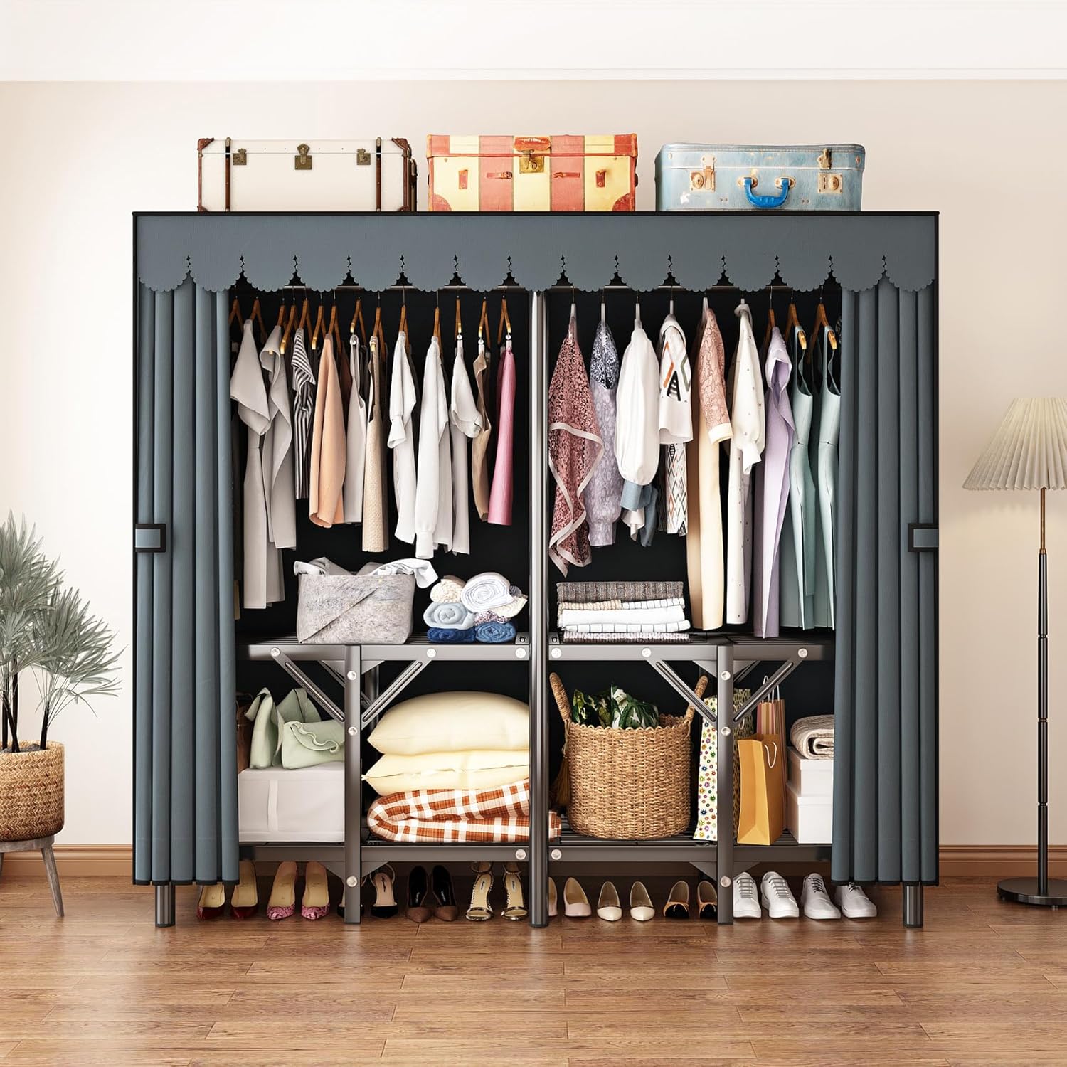 Gray Large Portable Armoire Wardrobe Closet with Foldable Clothing Wardrobe 25MM Steel Pipe Metal Frame Clothes Rack,One Piece Folding Design