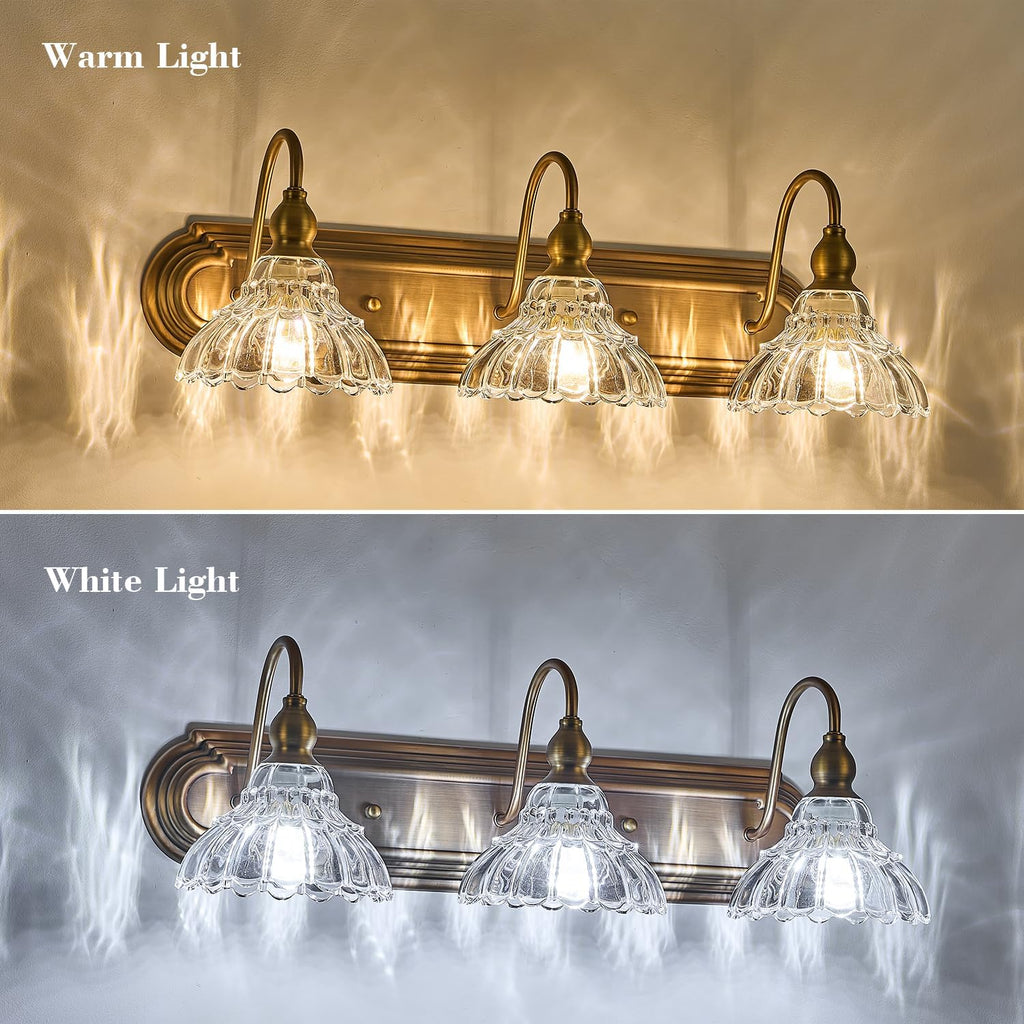 Vintage 3-Light Bathroom Vanity Lighting Fixtures Modern Wall Sconces Brass Glass Retro Vanity Light for Bedroom, Bathroom, Doorway, Farmhouse, Hallway