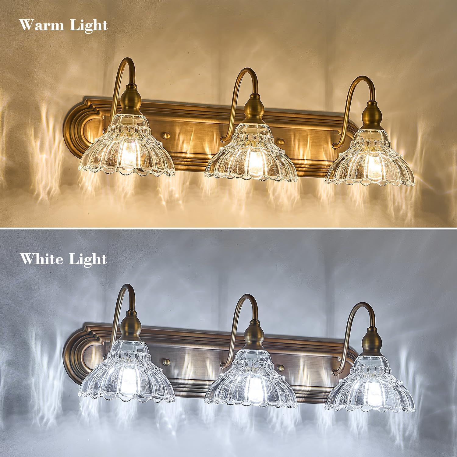 Vintage 3-Light Bathroom Vanity Lighting Fixtures Modern Wall Sconces Brass Glass Retro Vanity Light for Bedroom, Bathroom, Doorway, Farmhouse, Hallway