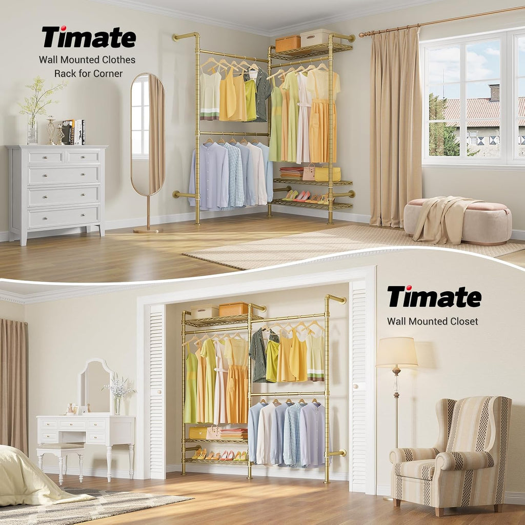 Timate F2 Industrial Pipe Clothes Rack Wall Mounted Clothing Rack for Hanging Clothes, Expandable Garment Rack Heavy Duty Wardrobe Closet Organizer and Storage, Adjustable Industrial Closet Kit, Gold