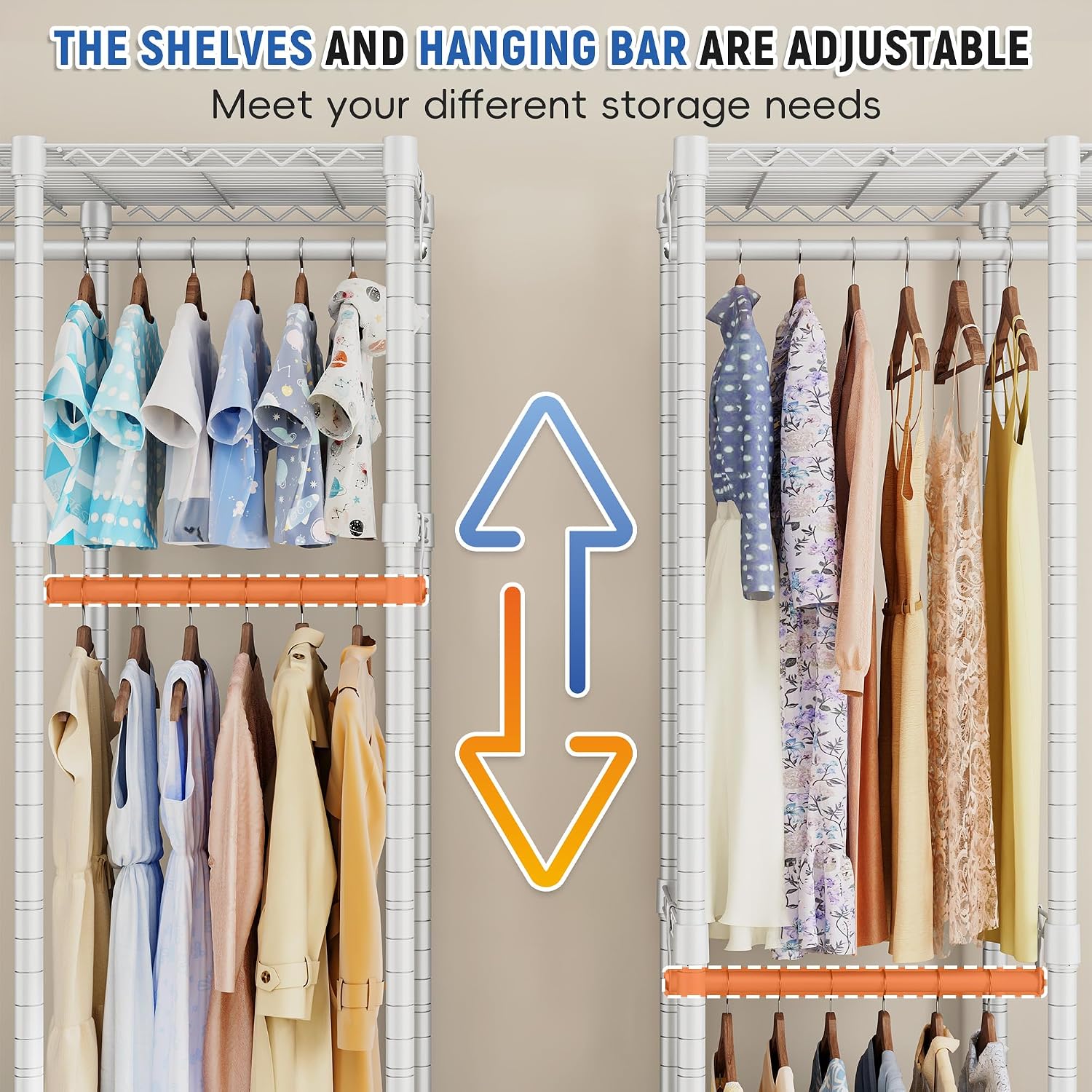 Raybee 88.2' W Clothes Rack Heavy Duty Clothing Racks for Hanging Clothes Extra Wide Portable Closet Loads 1200LBS Freestanding Garment Rack for Bedroom 88.2' W x 75.6' H x 15.7' D, White