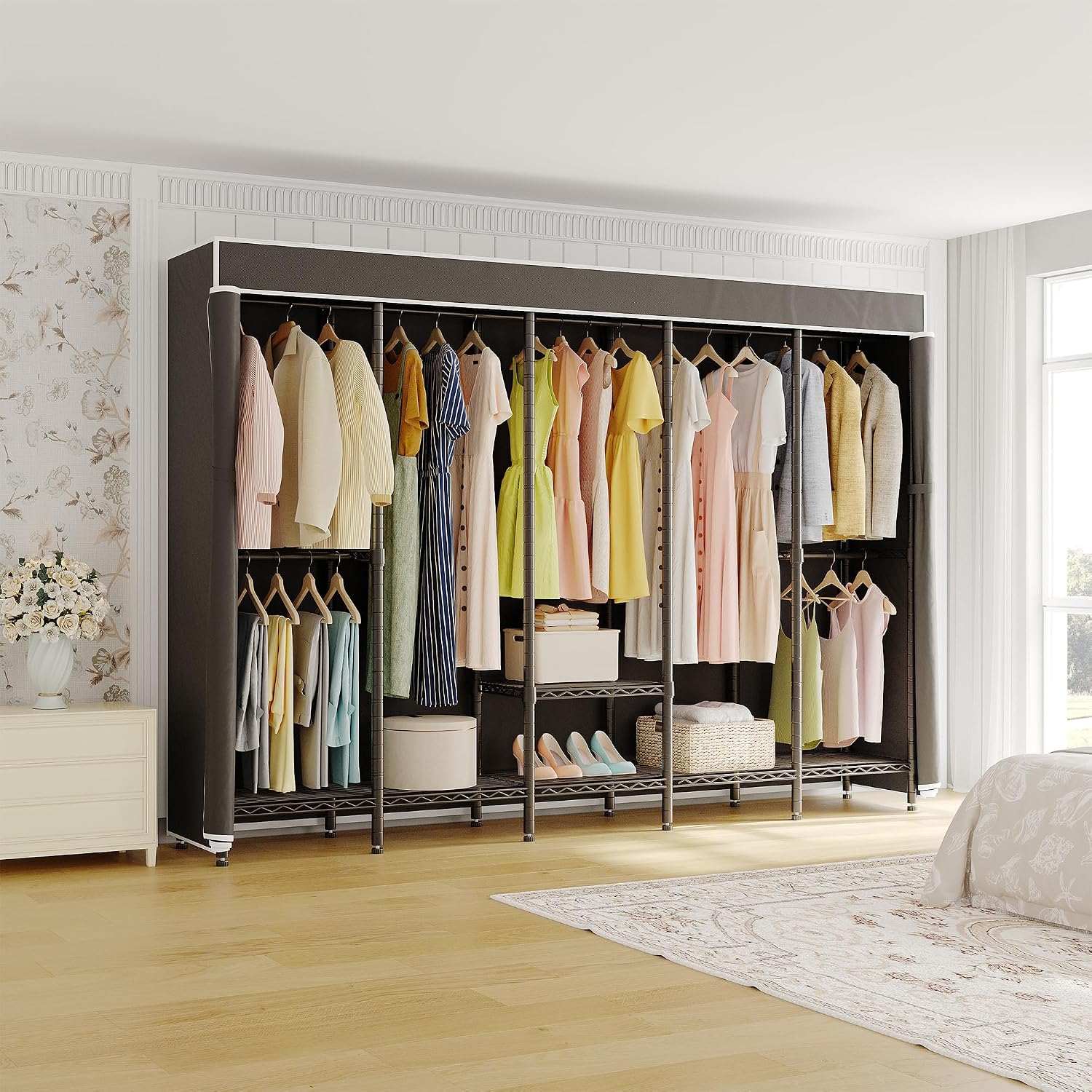 Higeego 94.5'W Heavy Duty Clothing Rack with Cover, H5C Garment Rack with Adjustable Shelves Freestanding Wardrobe Closet with Hanging Rods Portable Closet, Black Rack with Black Cover, Load 1400 lbs
