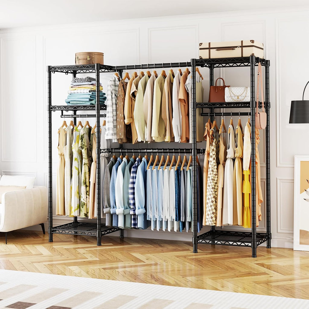 Ulif E7 Garment Rack, Heavy Duty Clothes Storage System with Extendable Hangers Rods, Metal Clothe Rack with 6 Wire Shelves, (52.3'-72') W x 14.5' D x 71.2' H, Load 838 LBS