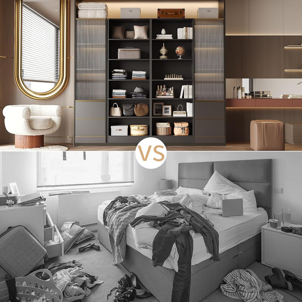 VOWNER Freestanding Closet System with 5 Adjustable Shelves, Wood Closet Organizer System, Walk-in Closet, Clothes Garment Rack, Adjustable Shelving Unit, Wardrobe Closet Bedroom Entryway