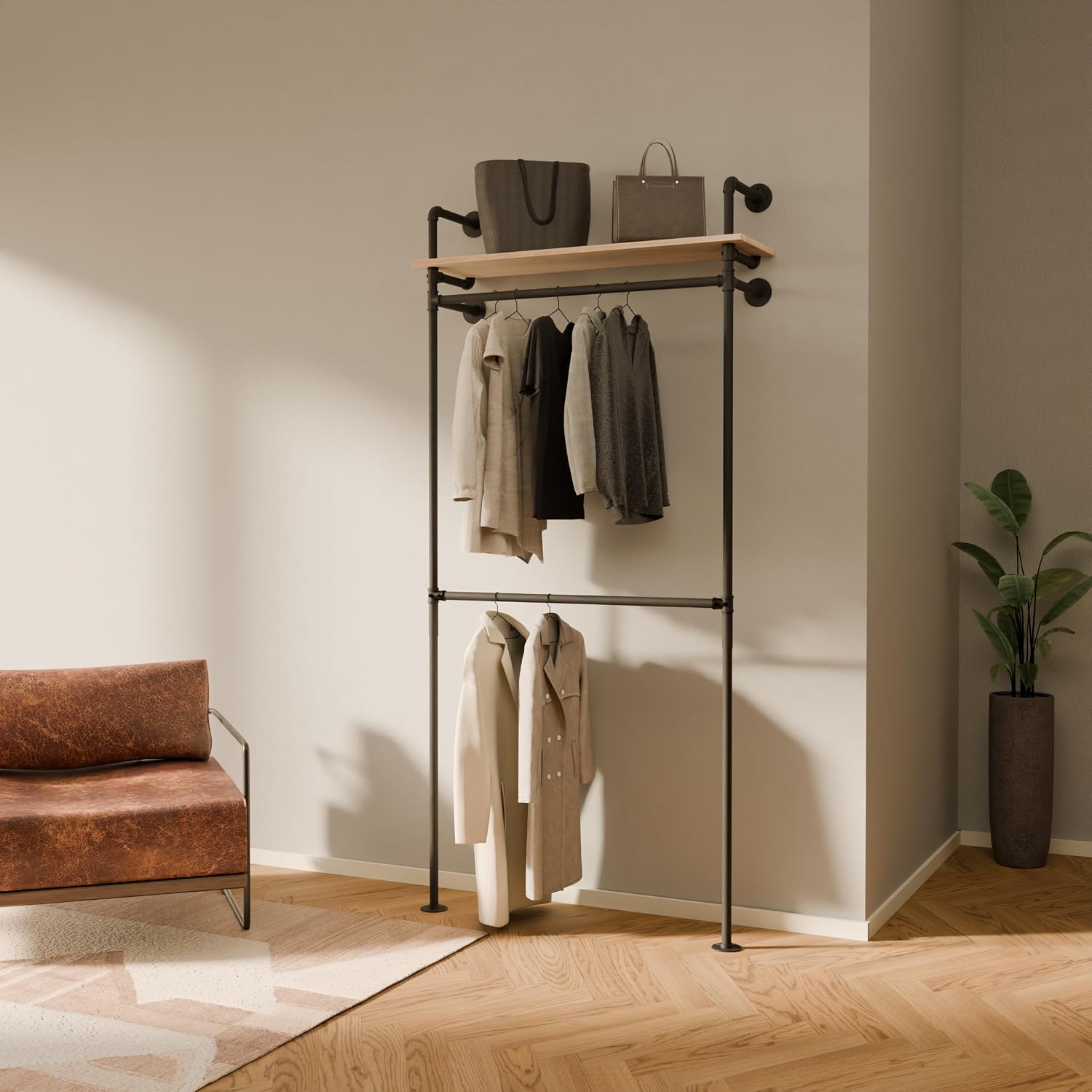 pamo Industrial Pipe Clothing Rack with Shelf – Wall Mounted Closet System, Black Powder-Coated Steel, Oak Boards – Walk-In Closet Organizer & Retail Clothing Rack
