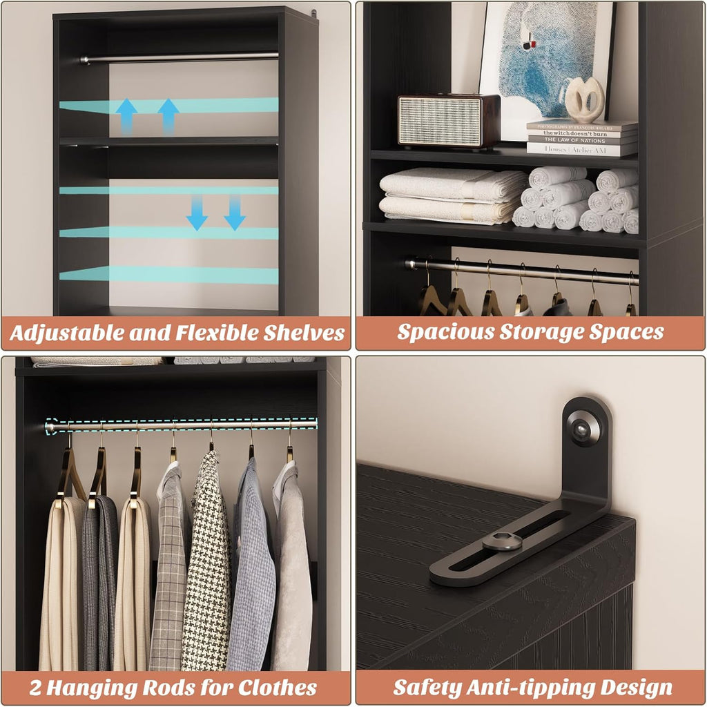 Unikito Freestanding Closet System, 25' Closet Organizer Wardrobe with Hanging Rod & Shelves, Adjustable Clothes Garment Rack, Sturdy Walk in Towers, Easy Assembly, 25' W x 16' D x 80' H, Black