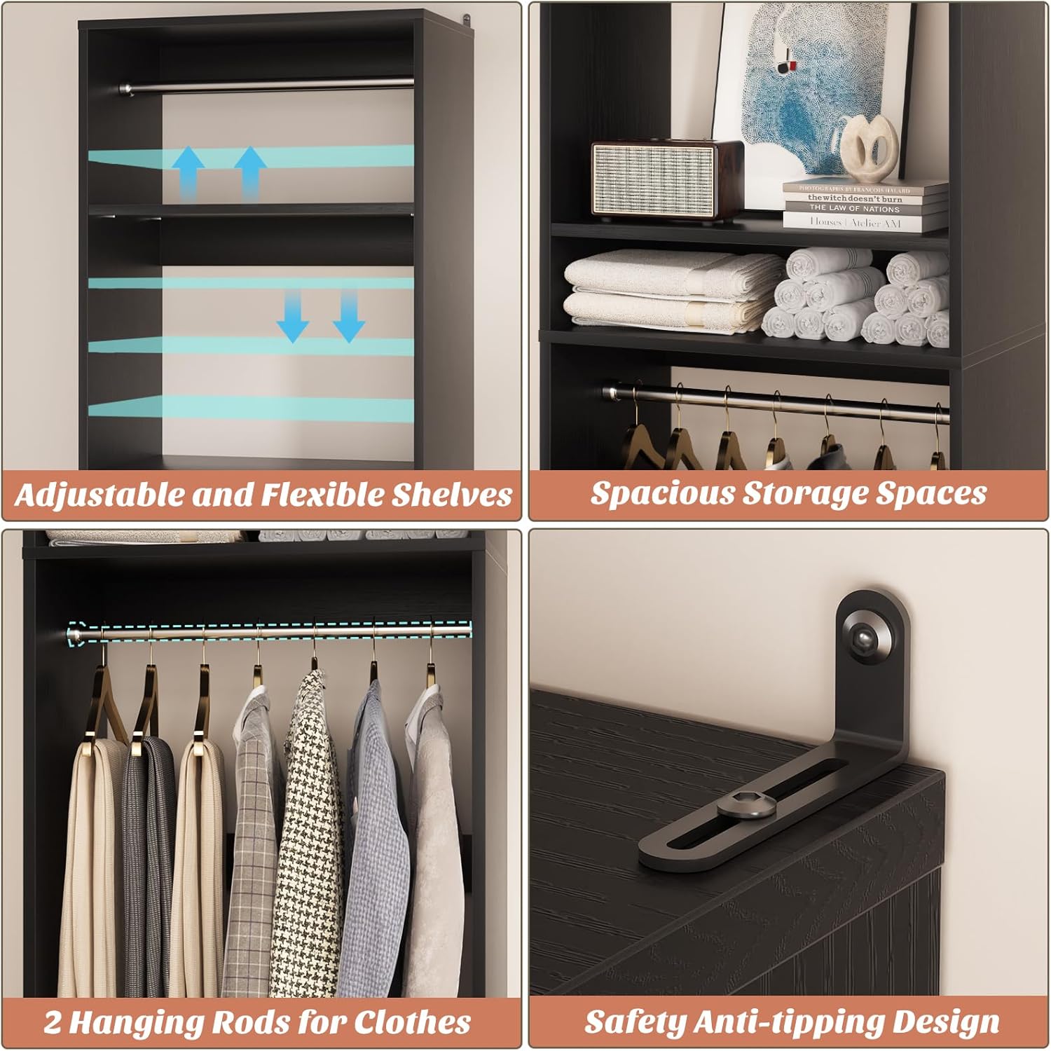 Unikito Freestanding Closet System, 25' Closet Organizer Wardrobe with Hanging Rod & Shelves, Adjustable Clothes Garment Rack, Sturdy Walk in Towers, Easy Assembly, 25' W x 16' D x 80' H, Black
