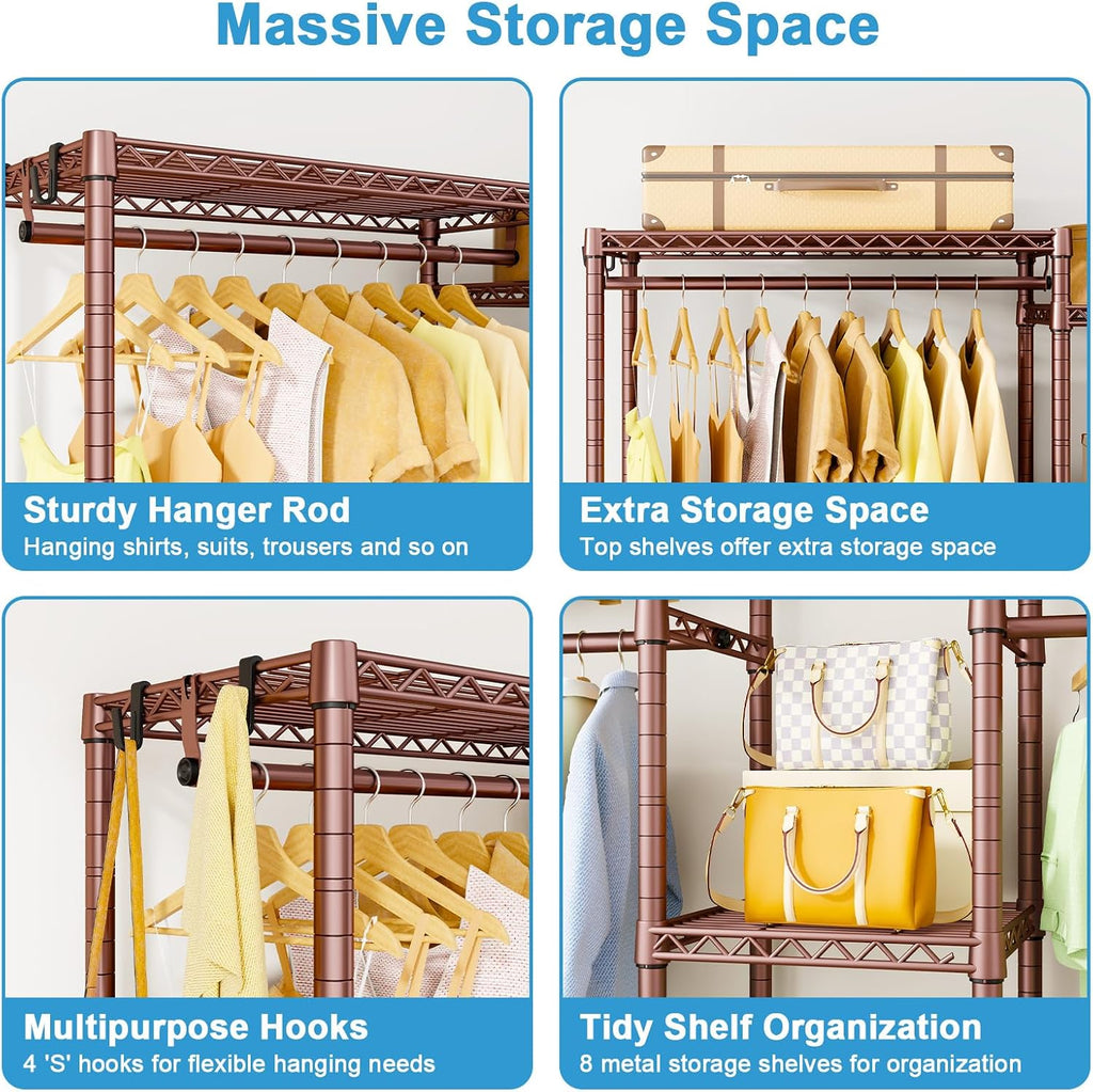 Ulif E4 Clothes Rack, Heavy-Duty Garment Rack, Metal Freestanding Clothing Organization Storage System Can Be L-Shaped with Shelves and Hangers, Max Load 962lbs, 71.6' W x 14.5' D x 79.3' H, Bronze