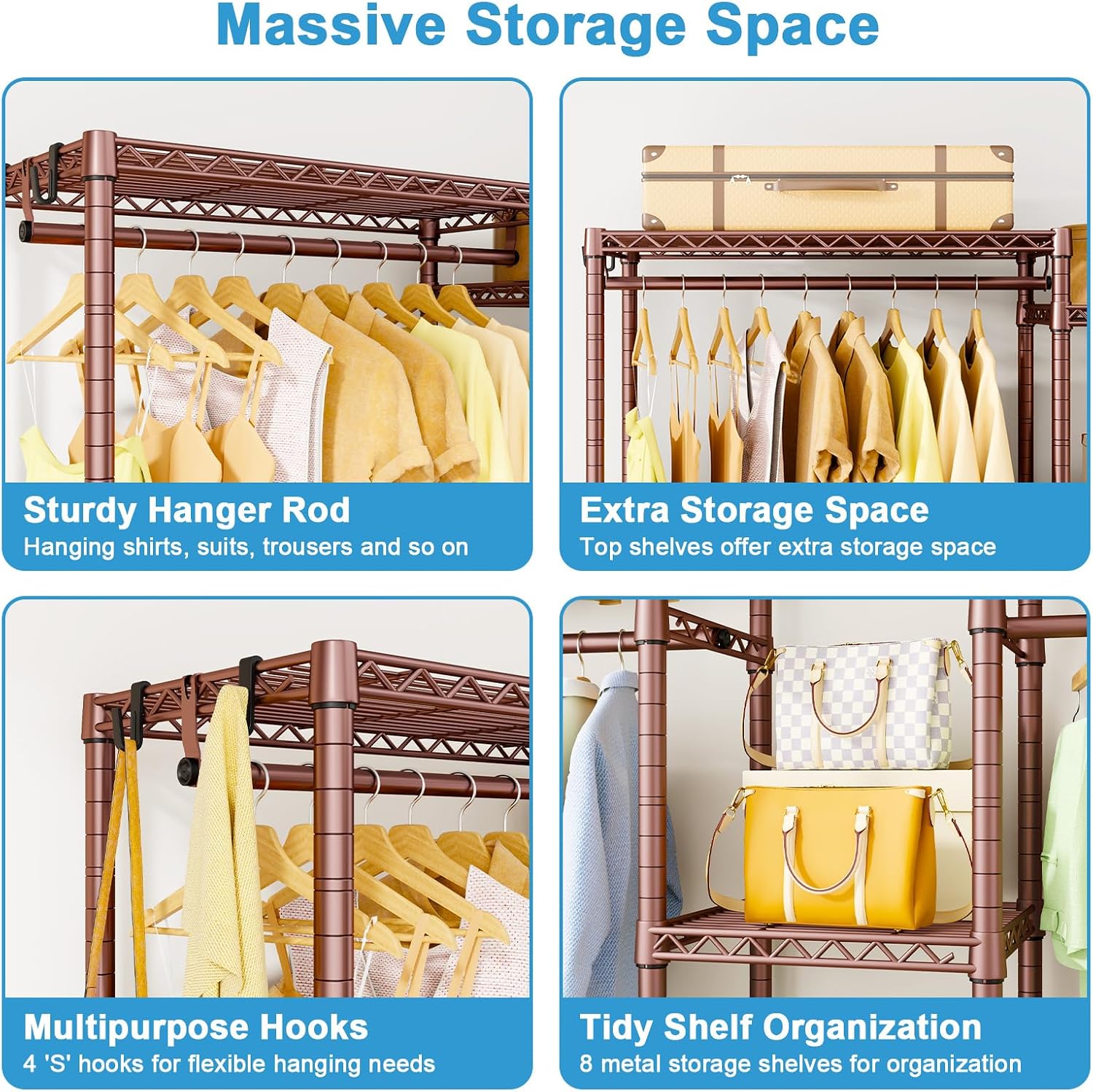 Ulif E4 Clothes Rack, Heavy-Duty Garment Rack, Metal Freestanding Clothing Organization Storage System Can Be L-Shaped with Shelves and Hangers, Max Load 962lbs, 71.6' W x 14.5' D x 79.3' H, Bronze